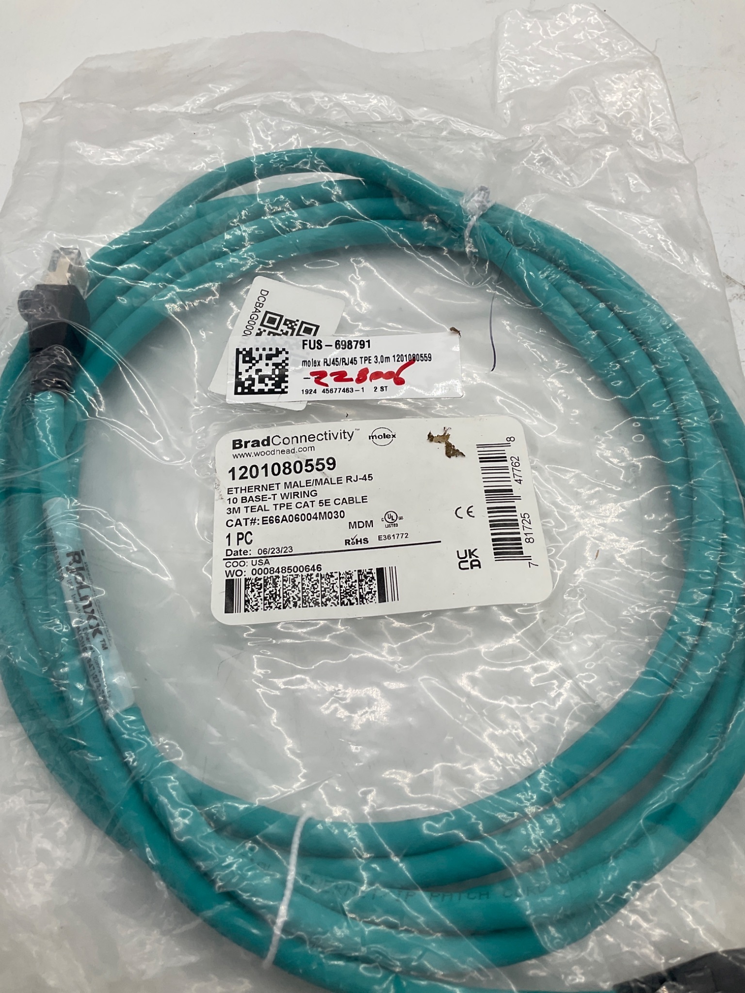 MOLEX / BRAD CONNECTIVITY 1201080559 RJ45 Ethernet Cordset 3M (LOT OF 2) NEW 2