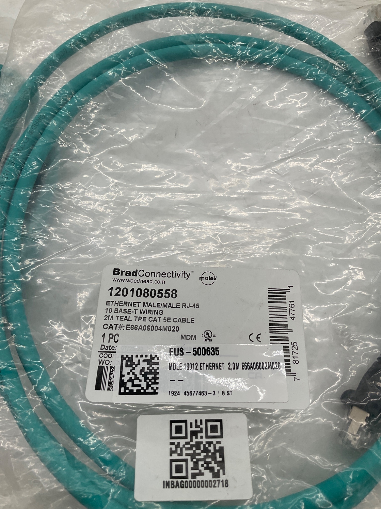 MOLEX / BRAD CONNECTIVITY 1201080558 RJ45 Ethernet Cordset 2M (Lot Of 2) NEW 1