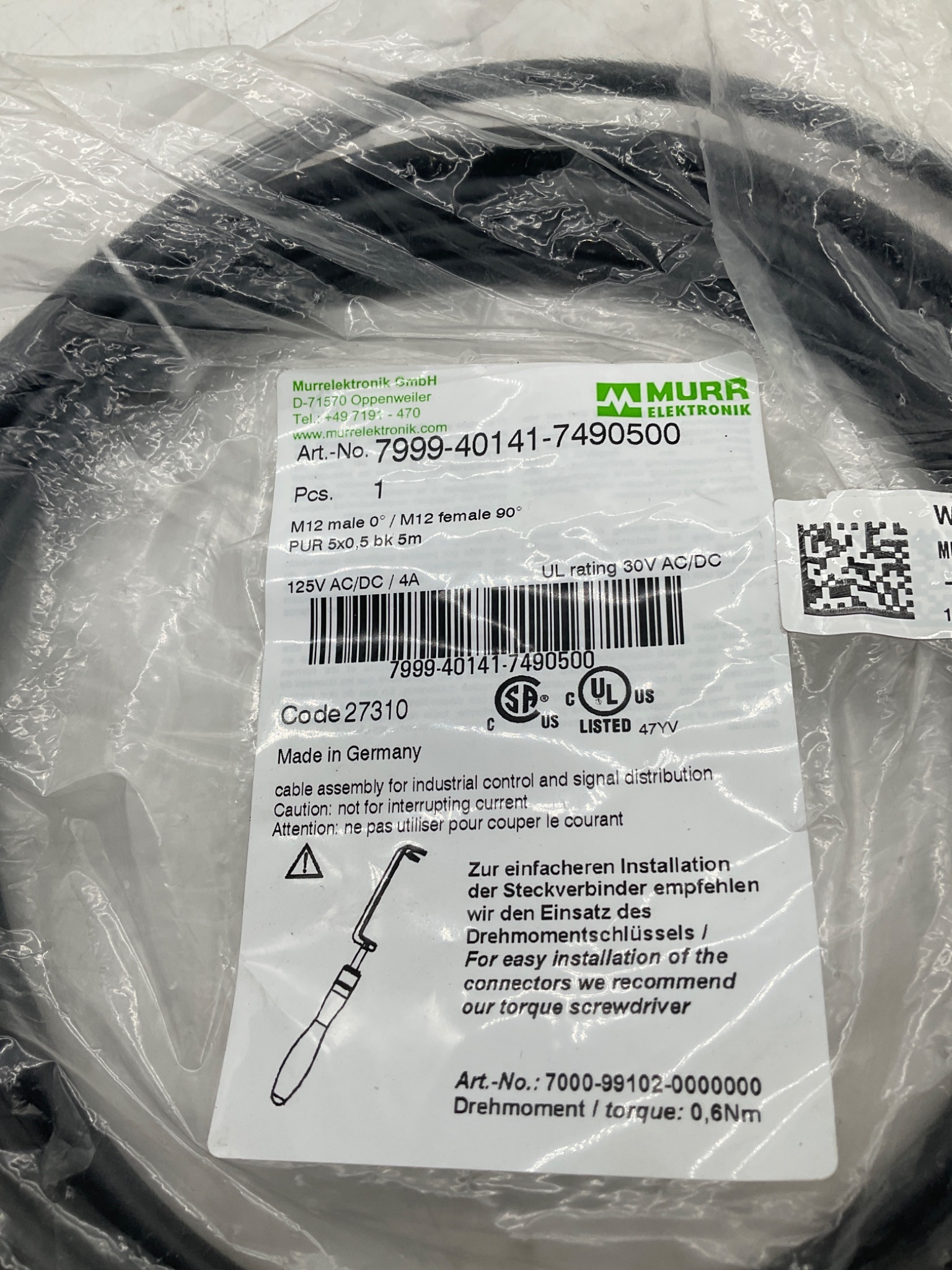 MURR ELEKTRONIK 7999-40141-7490500 M12 Sensor Actuator Cordset 5M NEW 1