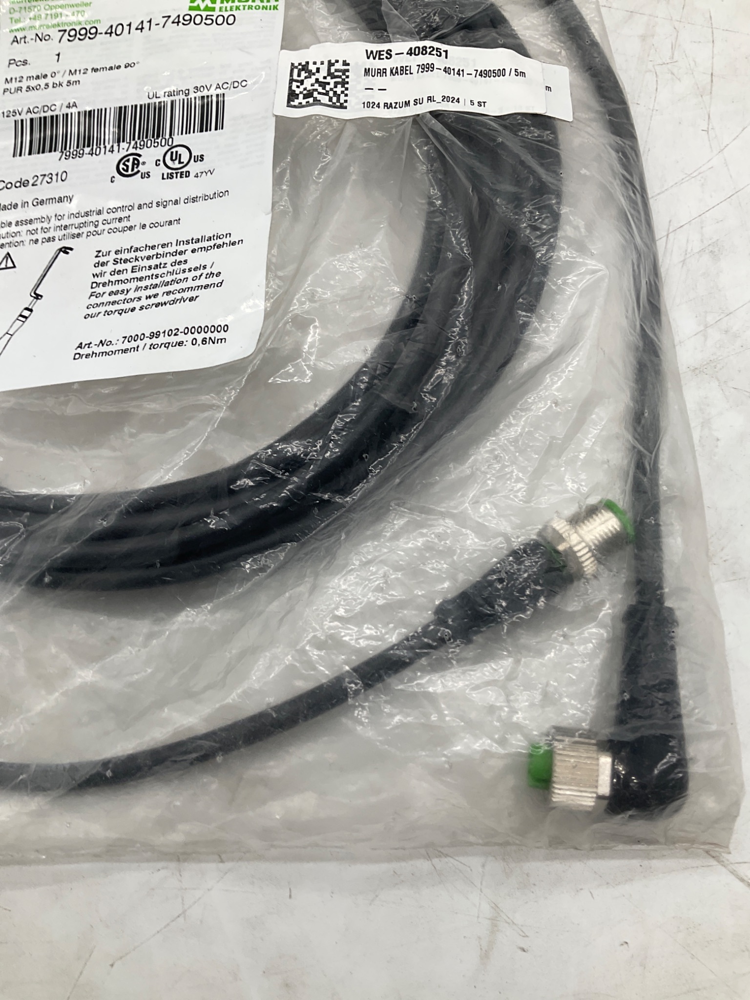 MURR ELEKTRONIK 7999-40141-7490500 M12 Sensor Actuator Cordset 5M NEW 2