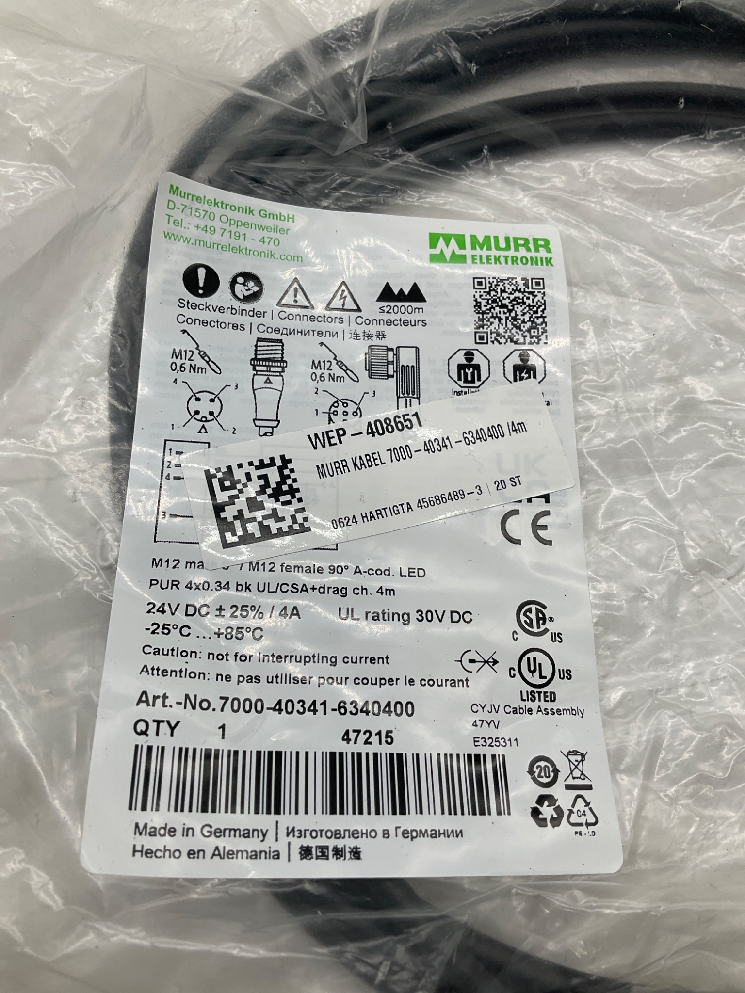 MURR ELEKTRONIK 7000-40341-6340400 M12 LED Cordset 4M NEW 1