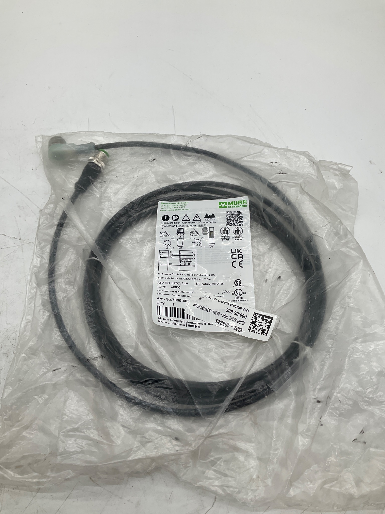 MURR ELEKTRONIK 7000-40341-6340250 M12 LED Cordset 2.5M NEW 0