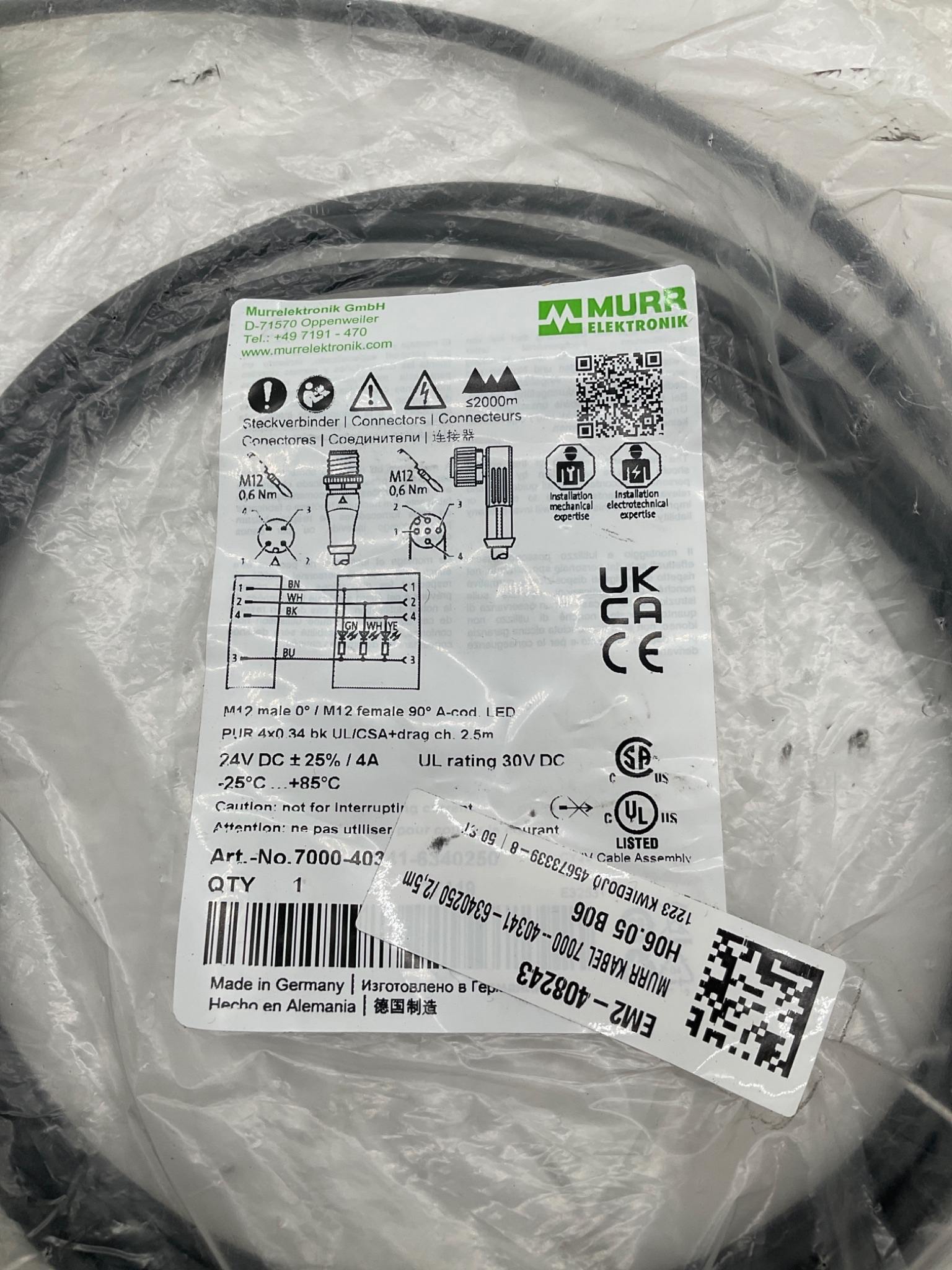 MURR ELEKTRONIK 7000-40341-6340250 M12 LED Cordset 2.5M NEW 1