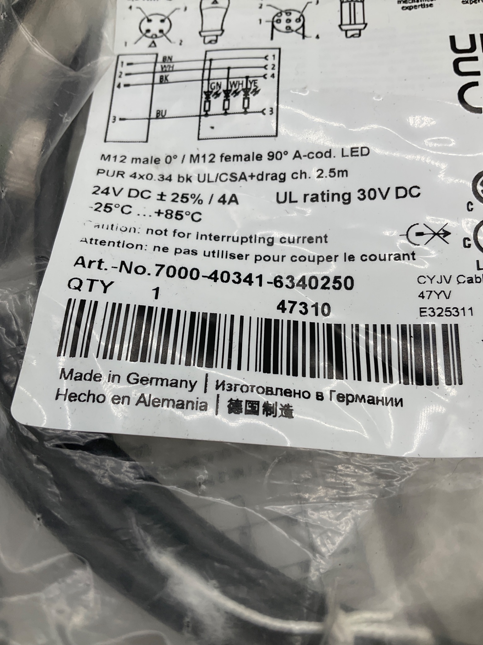 MURR ELEKTRONIK 7000-40341-6340250 M12 LED Cordset 2.5M NEW 2