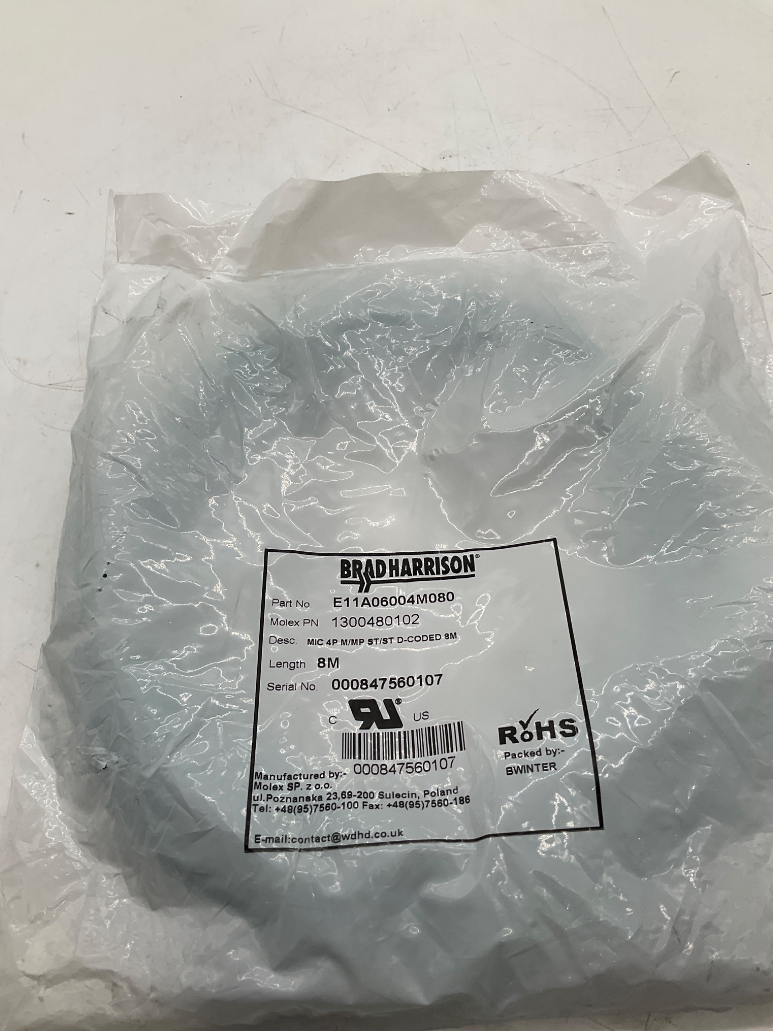 MOLEX / BRAD HARRISON 1300480102 M12 D-Coded Ethernet Cordset 8M NEW 0