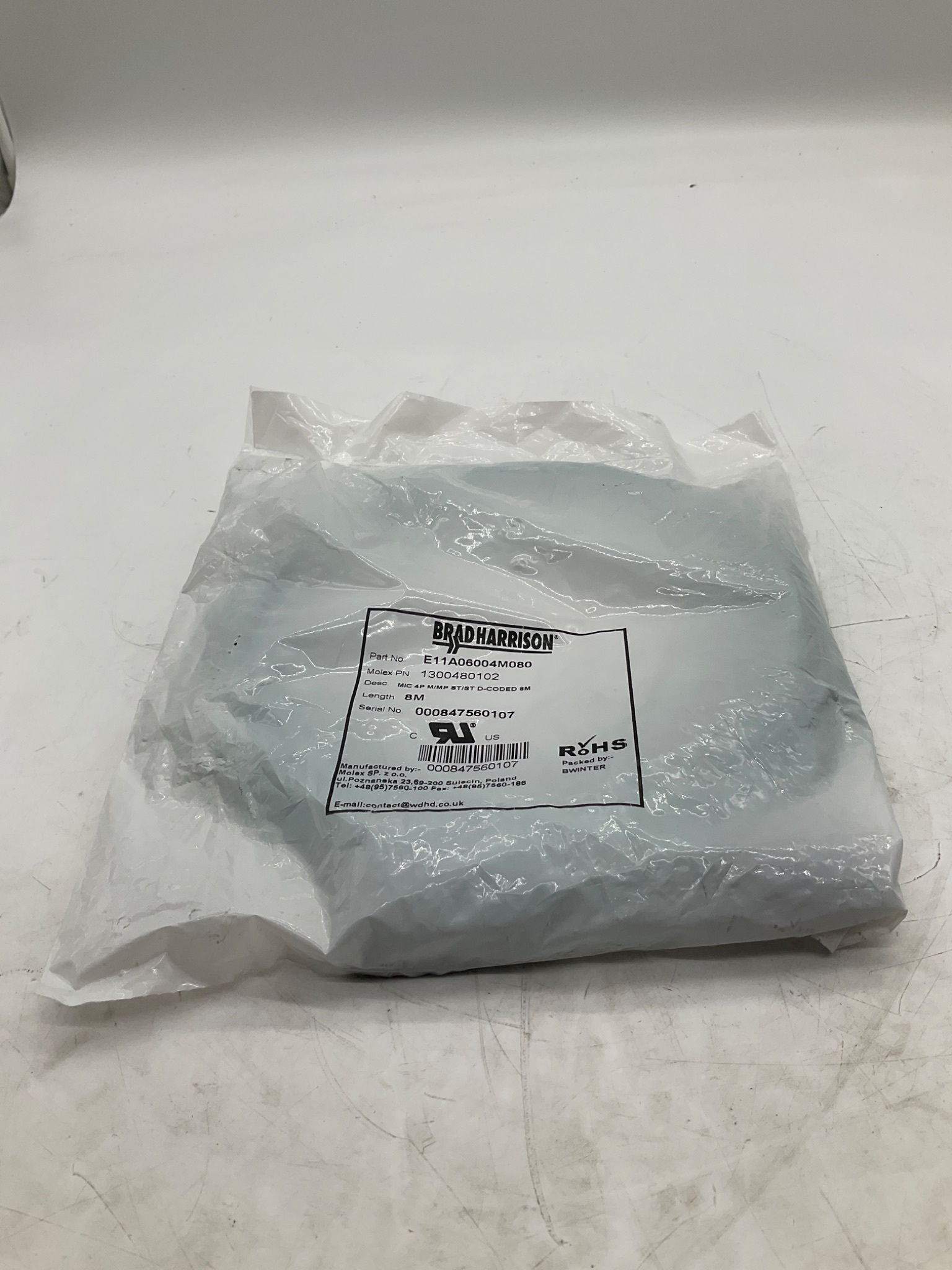 MOLEX / BRAD HARRISON 1300480102 M12 D-Coded Ethernet Cordset 8M NEW 3