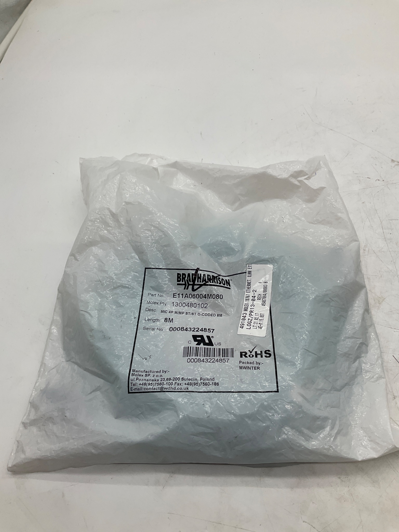 MOLEX / BRAD HARRISON 1300480102 M12 D-Coded Ethernet Cordset 8M NEW 0