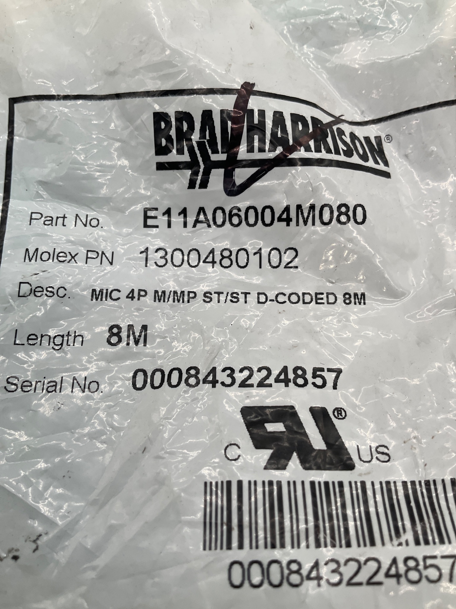 MOLEX / BRAD HARRISON 1300480102 M12 D-Coded Ethernet Cordset 8M NEW 1