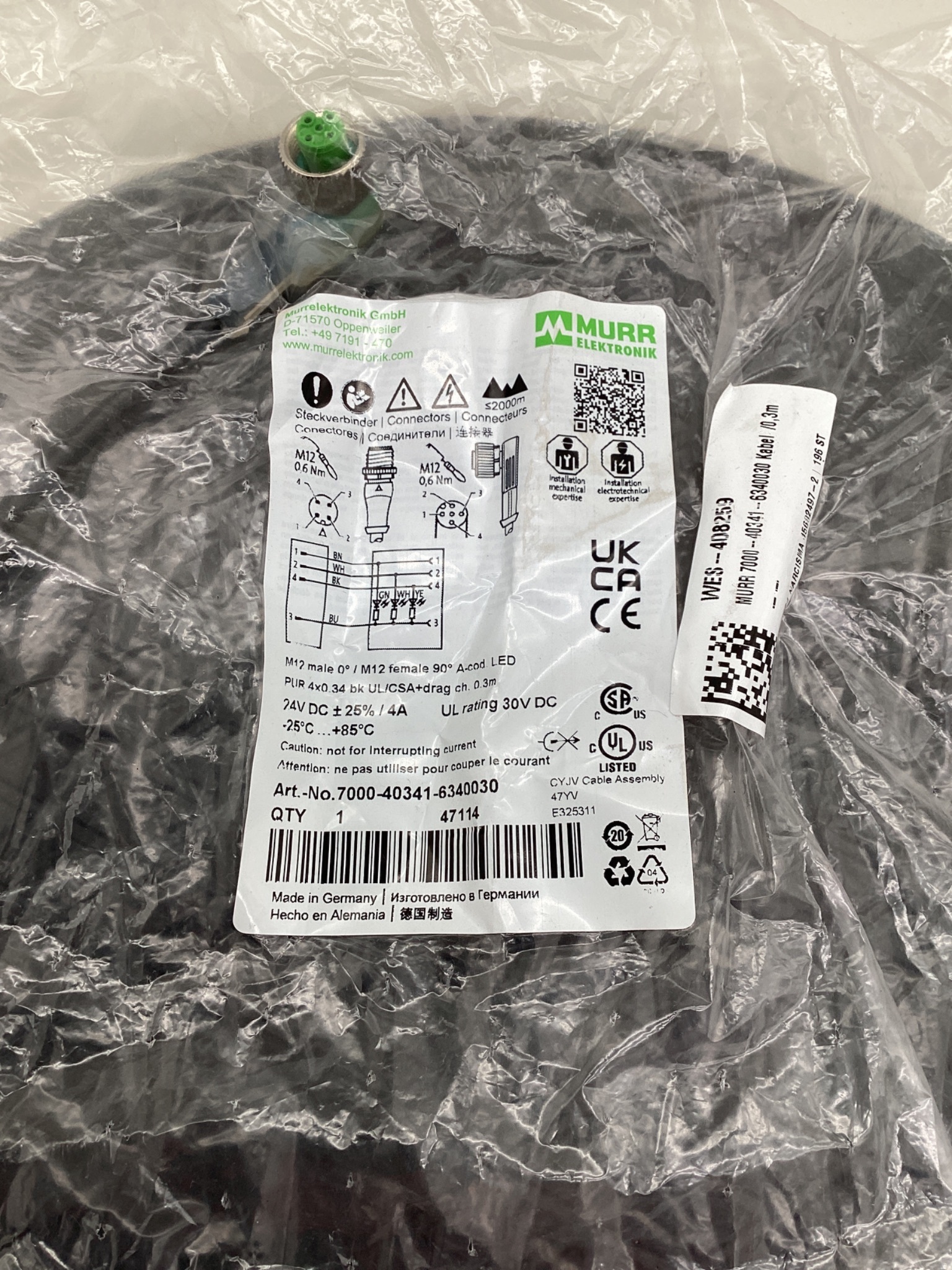 MURR ELEKTRONIK 7000-40341-6340030 M12 LED Cordset 0.3M NEW 1