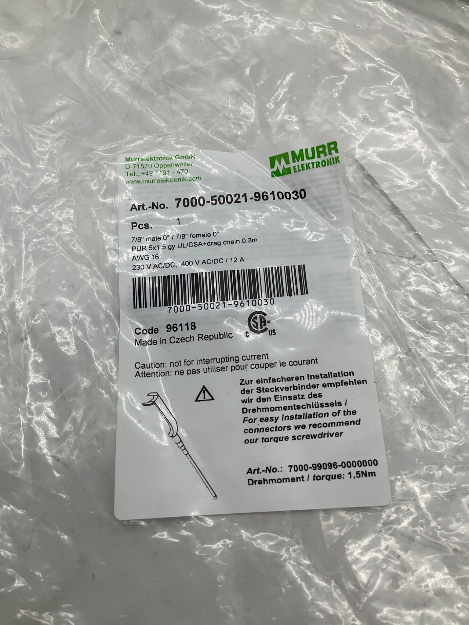 MURR ELEKTRONIK 7000-50021-9610030 7/8" Power Cordset 0.3M NEW 1