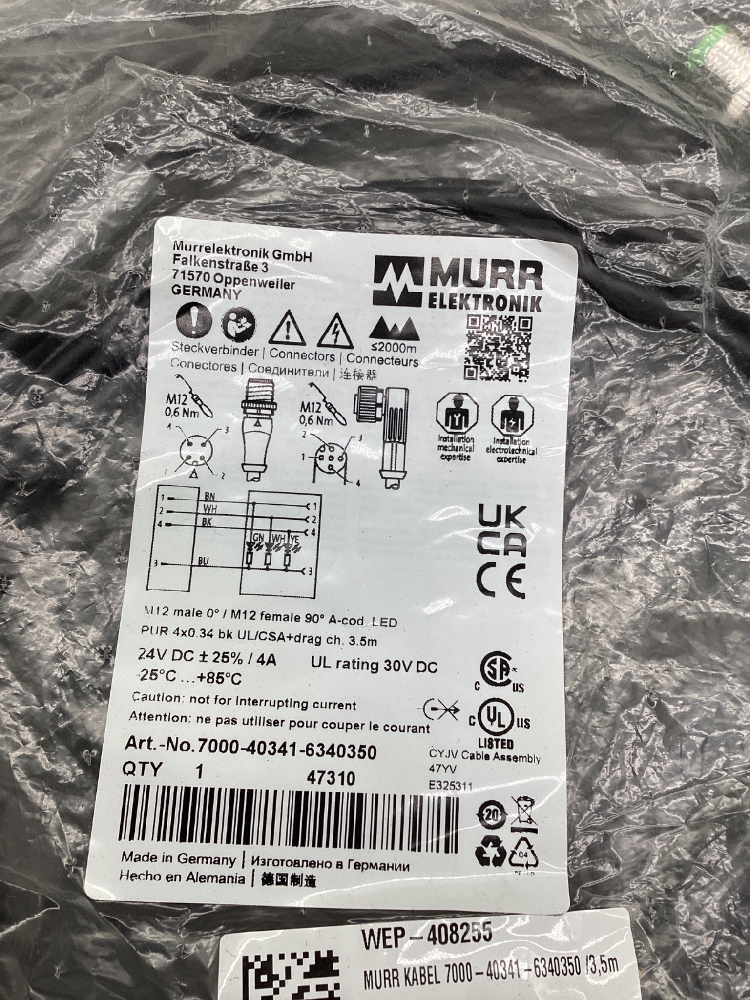 MURR ELEKTRONIK 7000-40341-6340350 M12 LED Cordset 3.5M NEW 1
