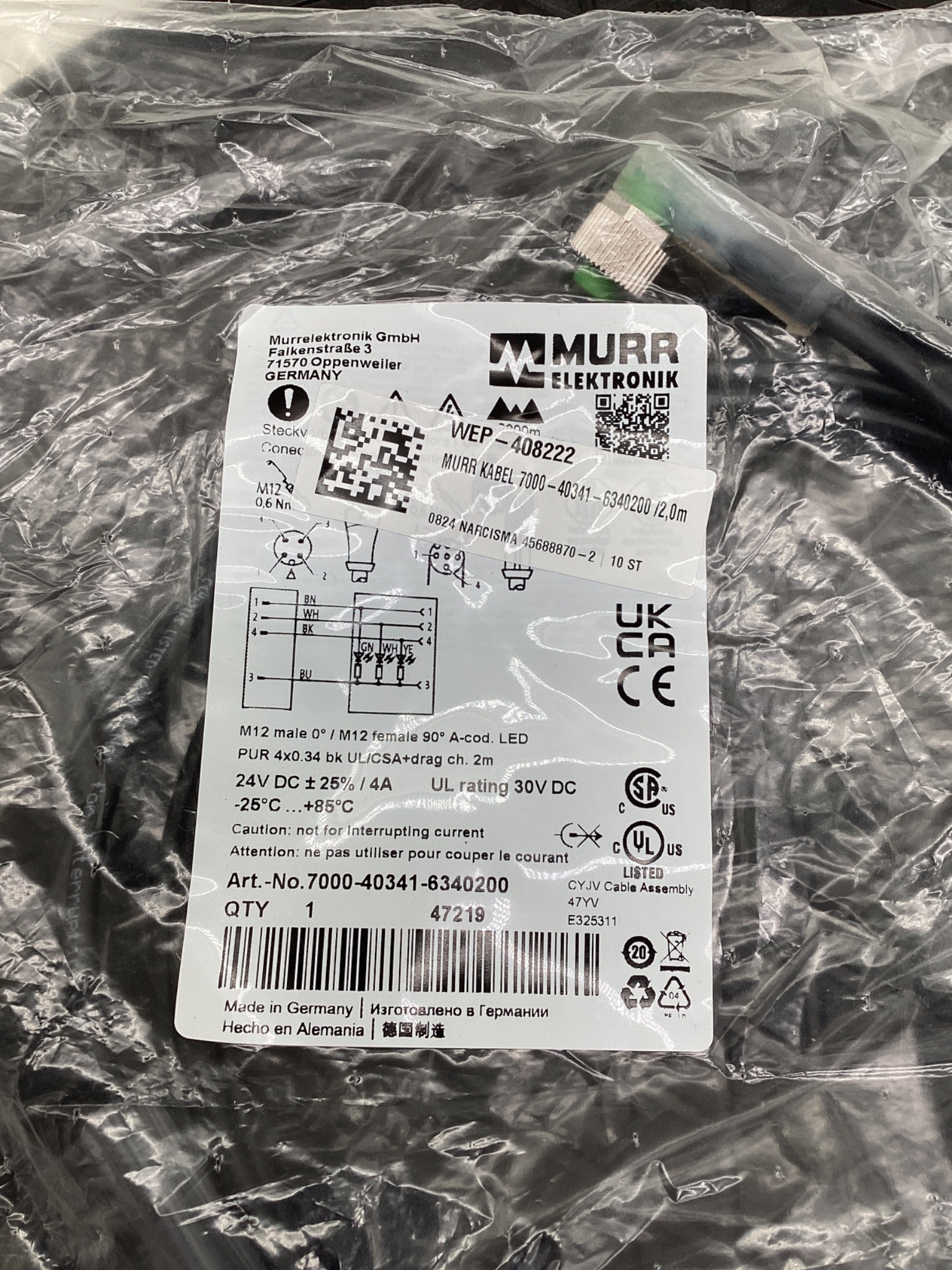 MURR ELEKTRONIK 7000-40341-6340200 M12 LED Cordset 2M NEW 1