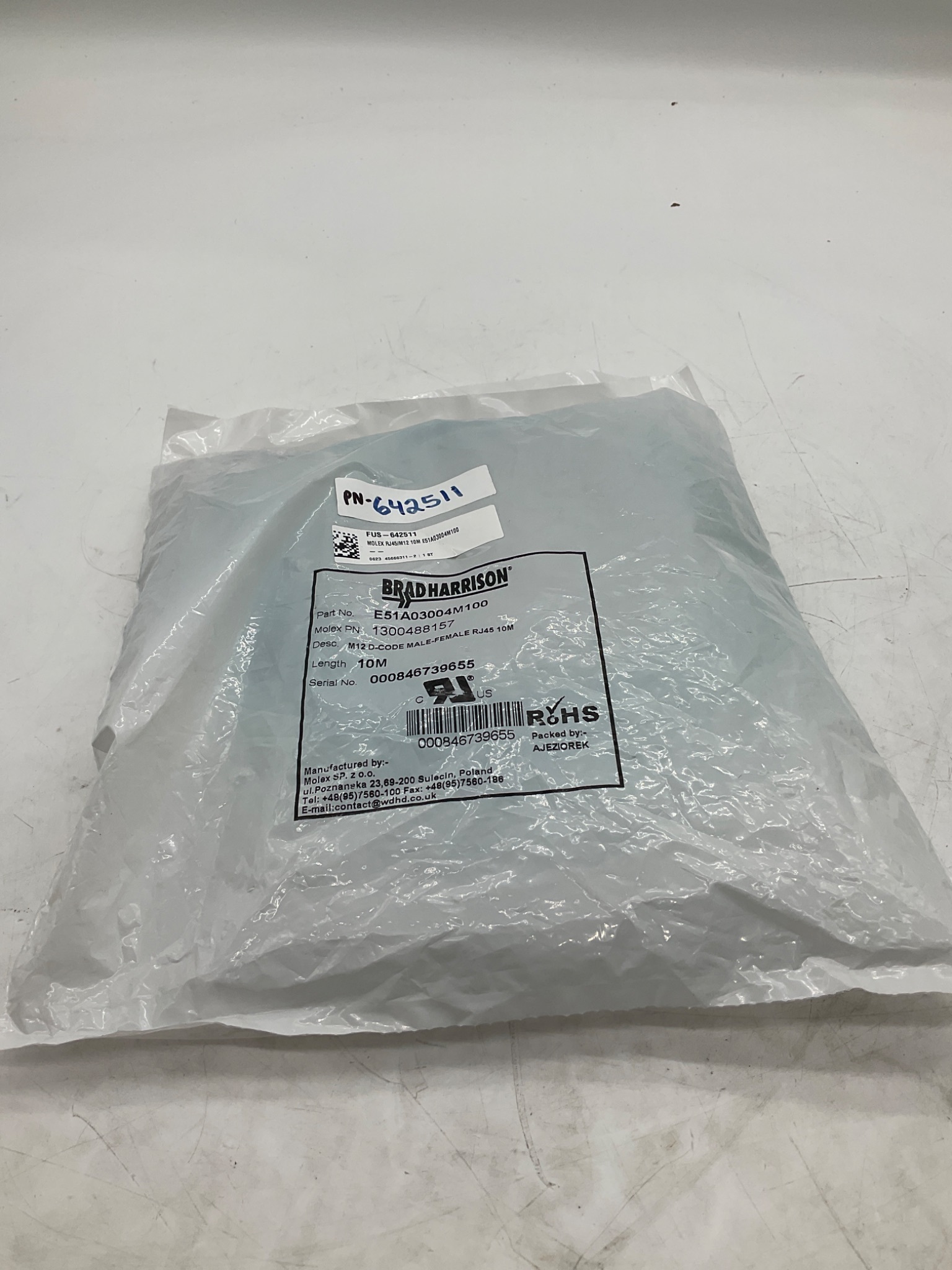 MOLEX / BRAD HARRISON 1300488157 M12 D-Coded To RJ45 Ethernet Cable 10M NEW 0