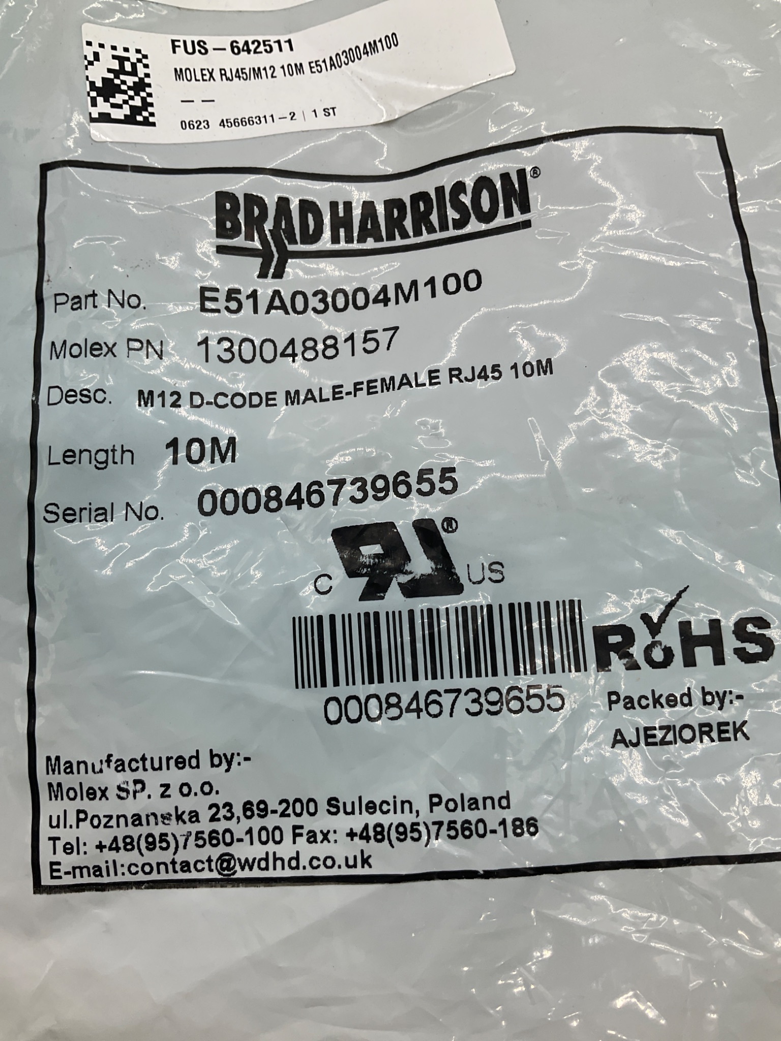 MOLEX / BRAD HARRISON 1300488157 M12 D-Coded To RJ45 Ethernet Cable 10M NEW 1