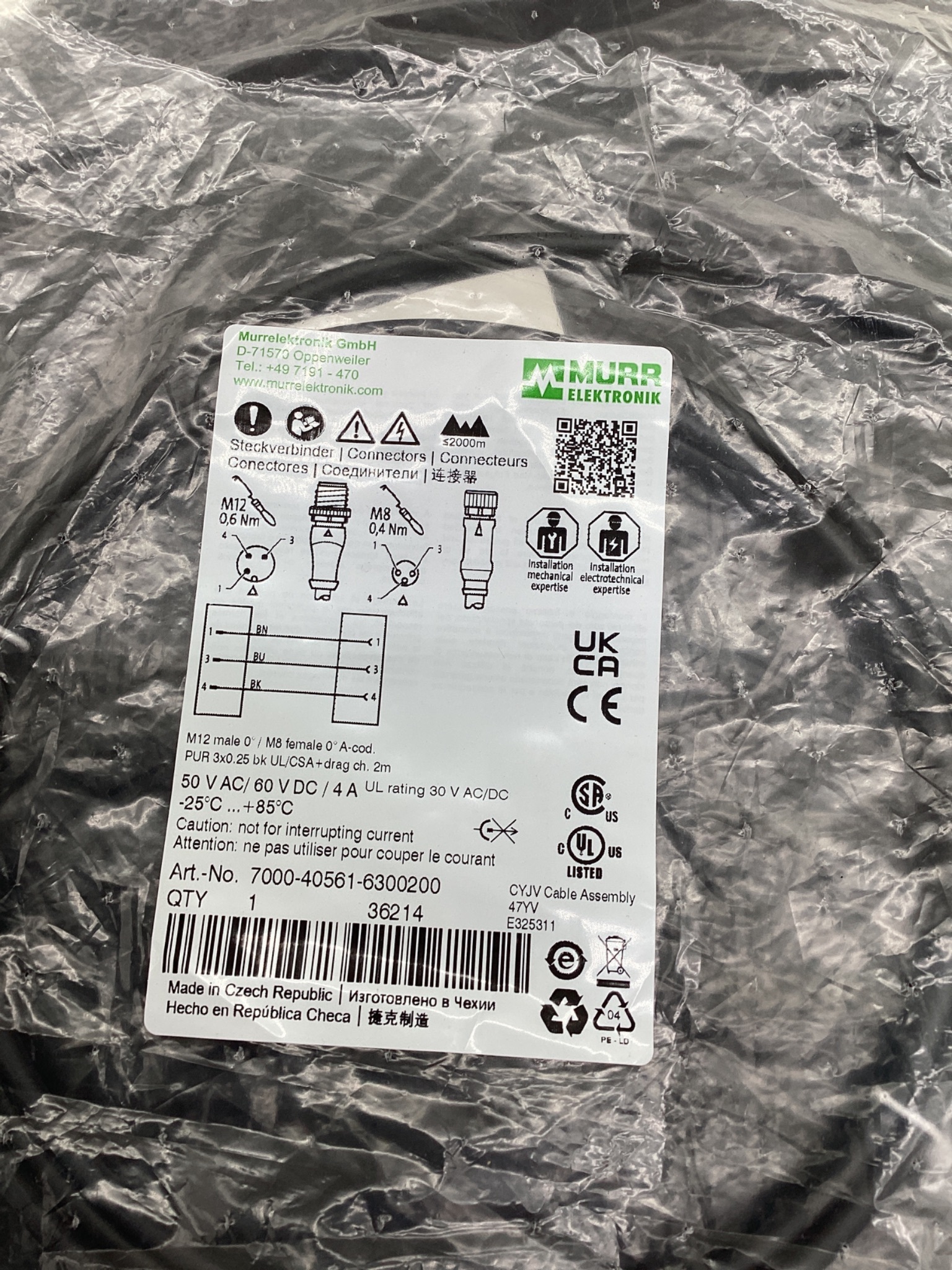 MURR ELEKTRONIK 7000-40561-6300200 M12 To M8 Cordset 2M NEW 1