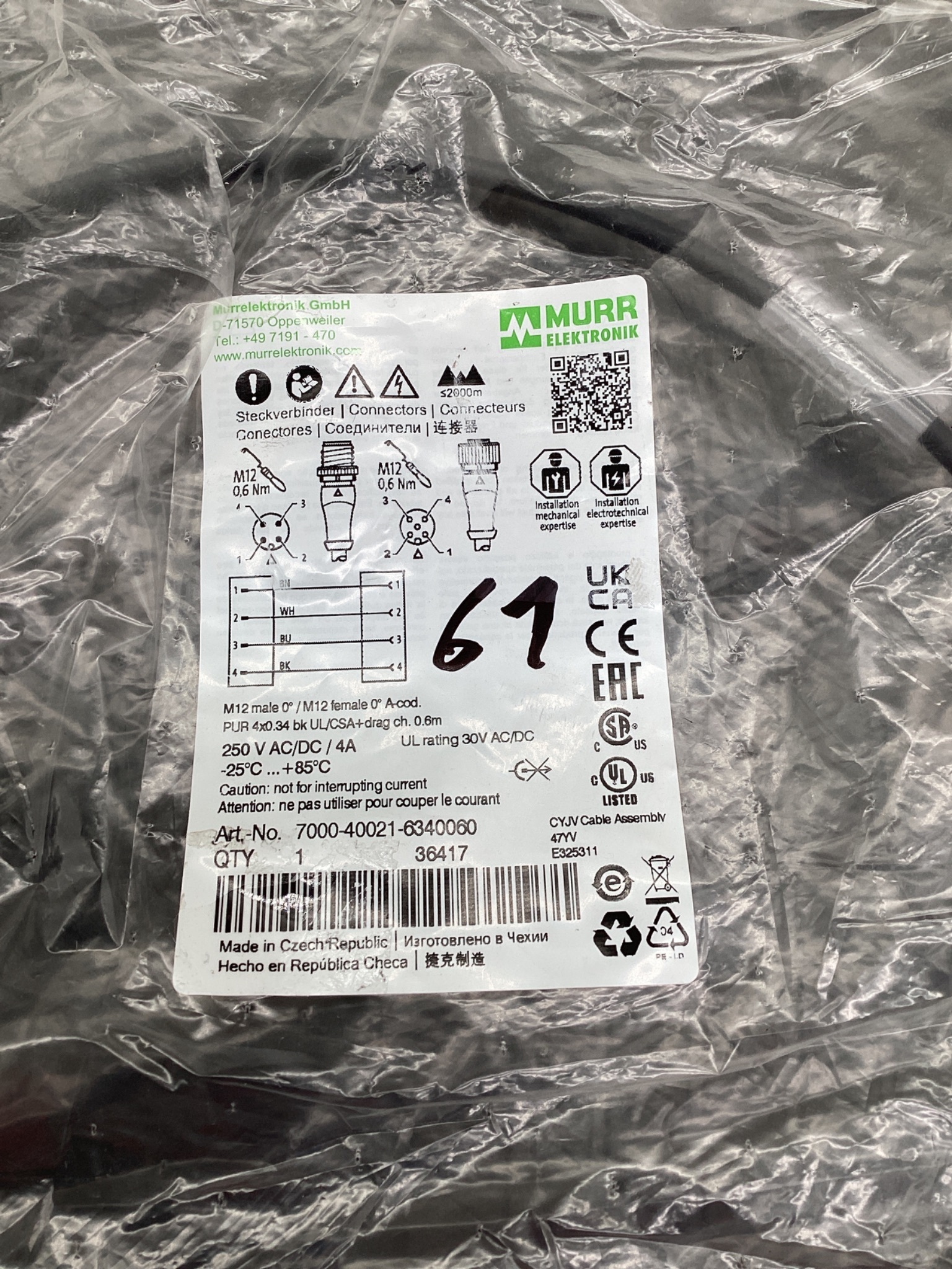 MURR ELEKTRONIK 7000-40021-6340060 M12 Sensor Actuator Cordset 0.6M NEW 1