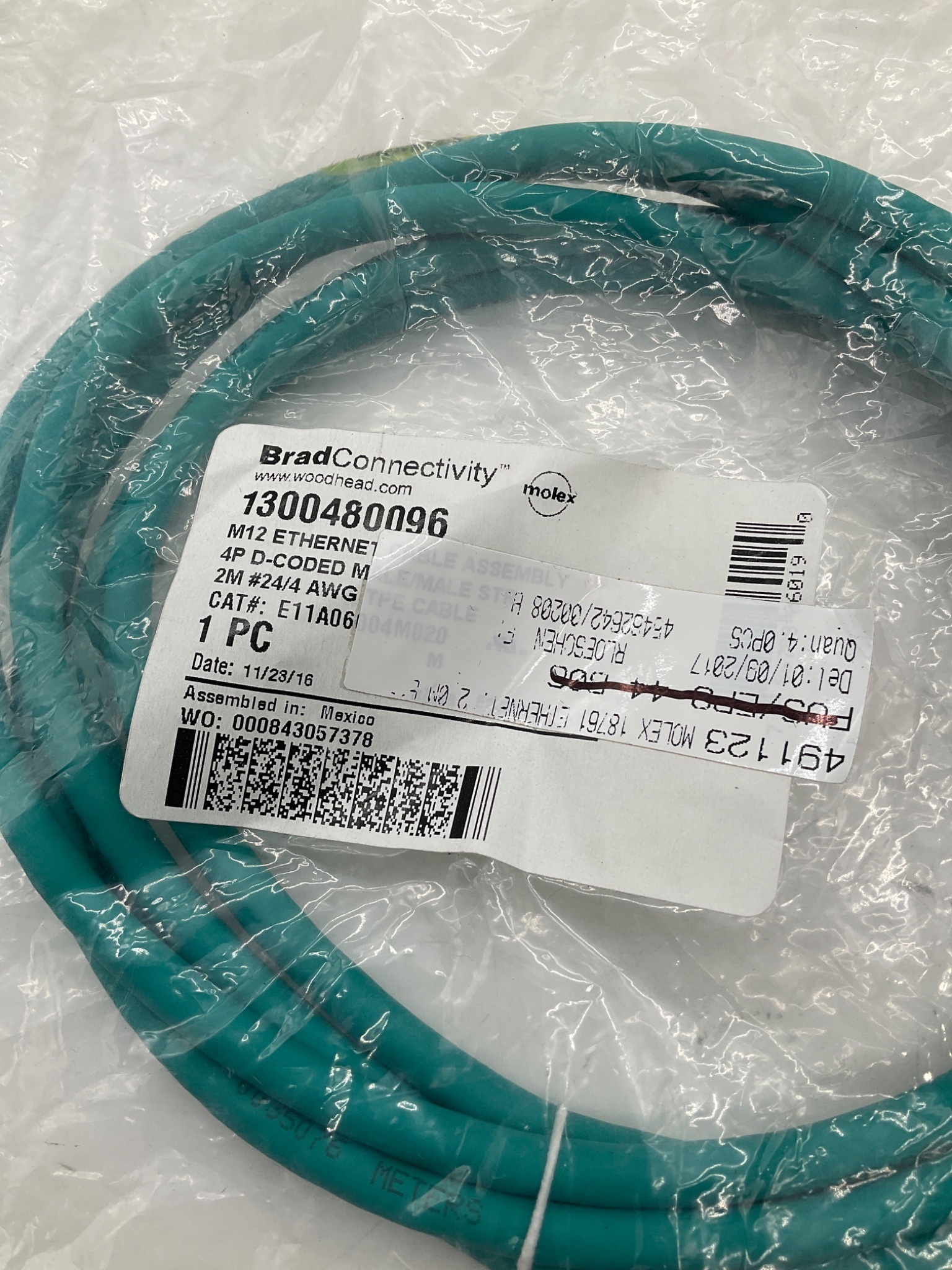 MOLEX / BRAD CONNECTIVITY 1300480096 M12 D-Coded Ethernet Cordset 2M NEW 1