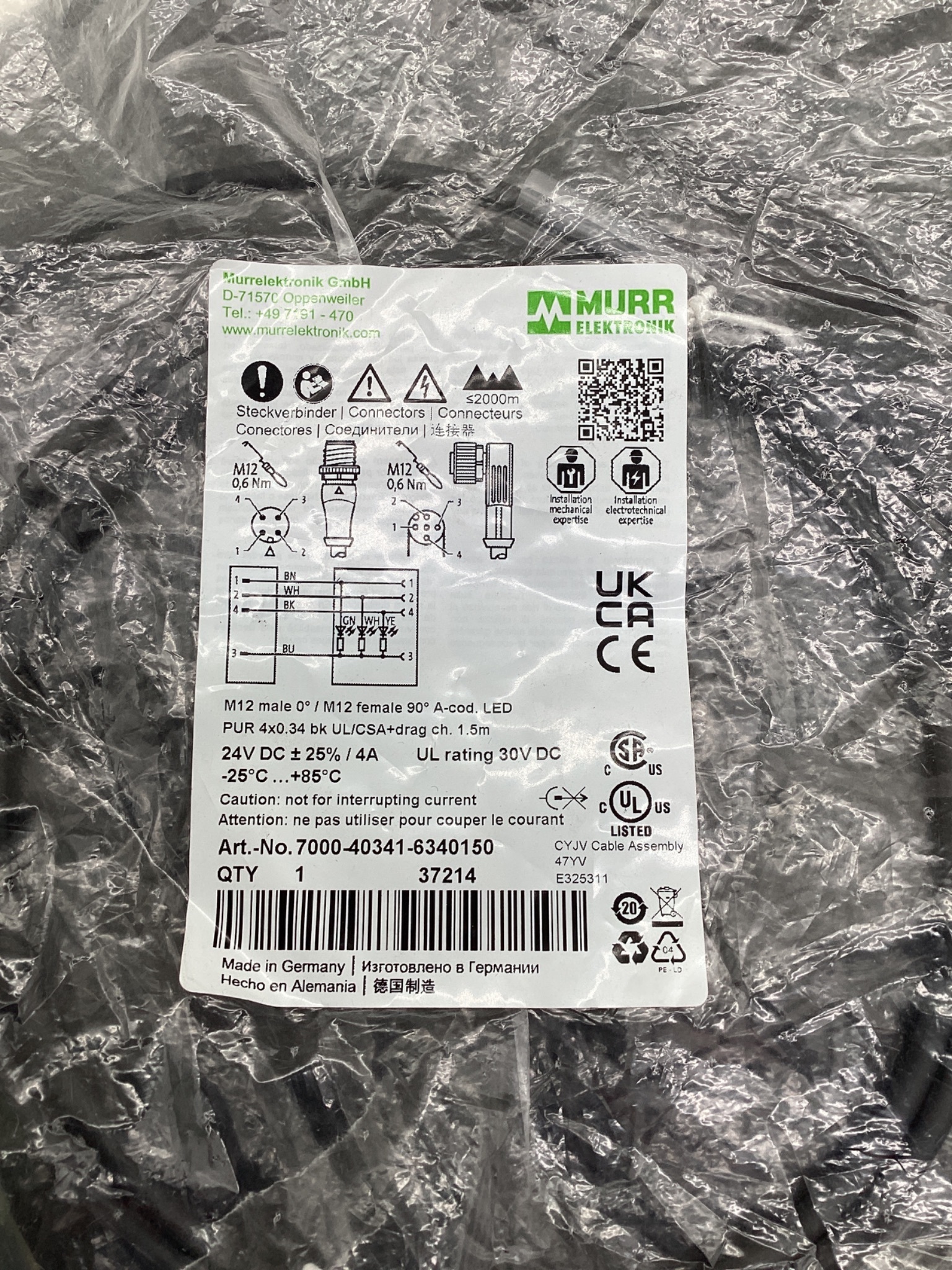 MURR ELEKTRONIK 7000-40341-6340150 M12 LED Cordset 1.5M NEW 2