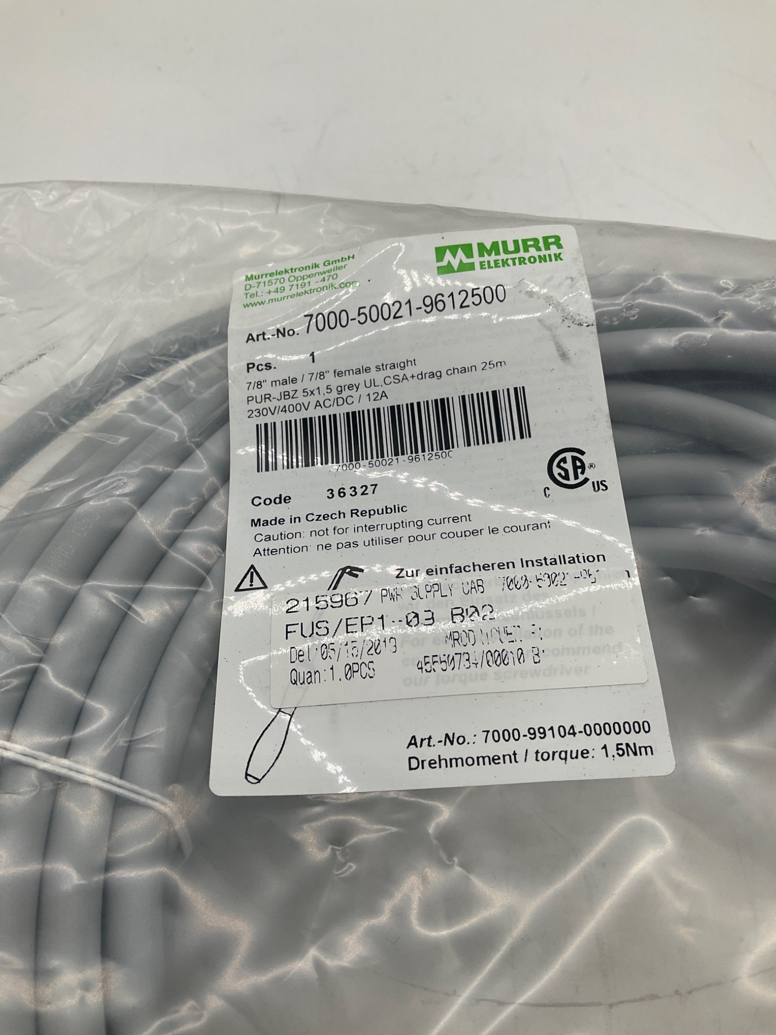 MURR ELEKTRONIK 7000-50021-9612500 7/8" Power Cordset 25M NEW 1