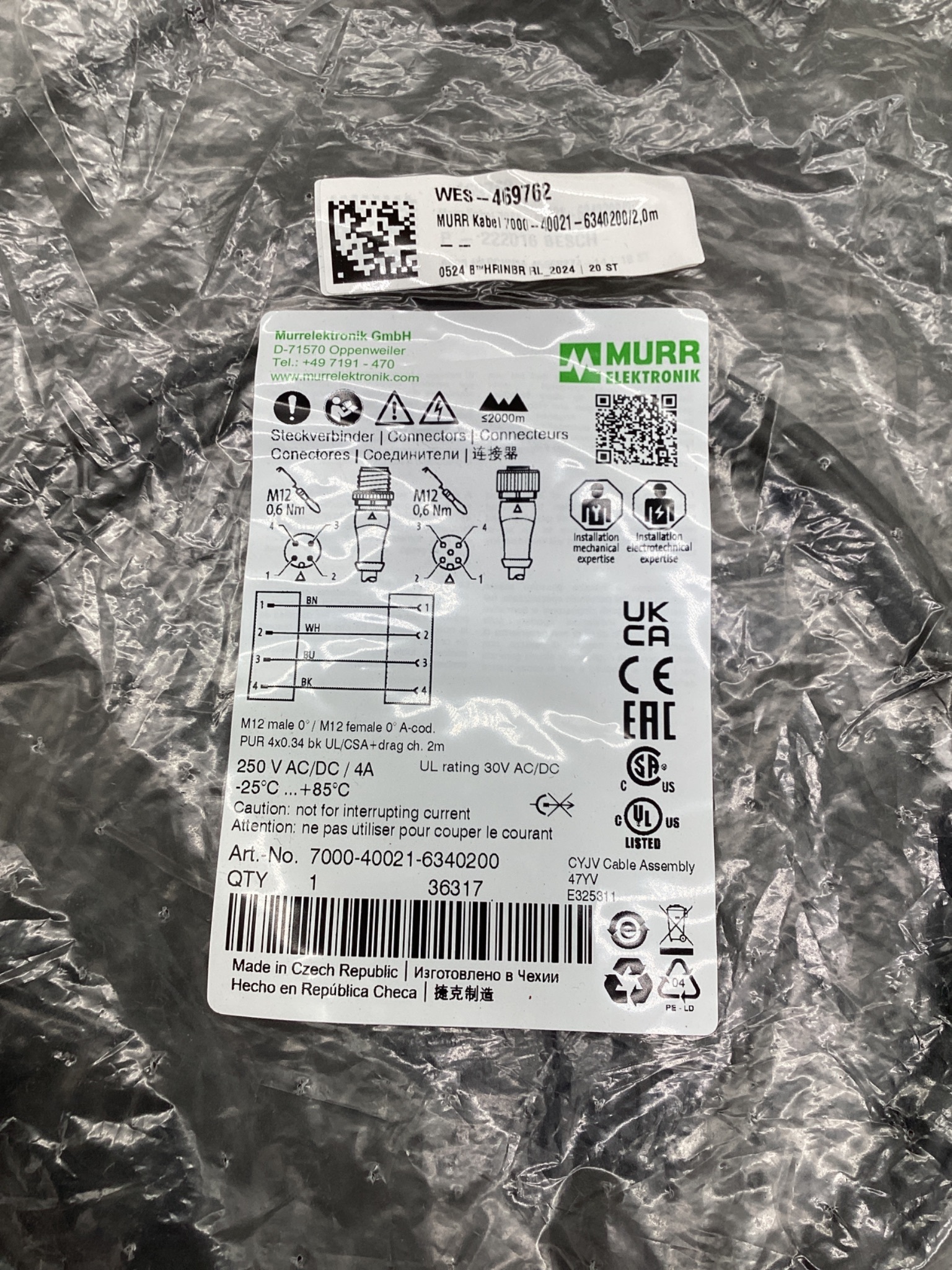 MURR ELEKTRONIK 7000-40021-6340200 M12 Sensor Actuator Cordset 2M NEW 1