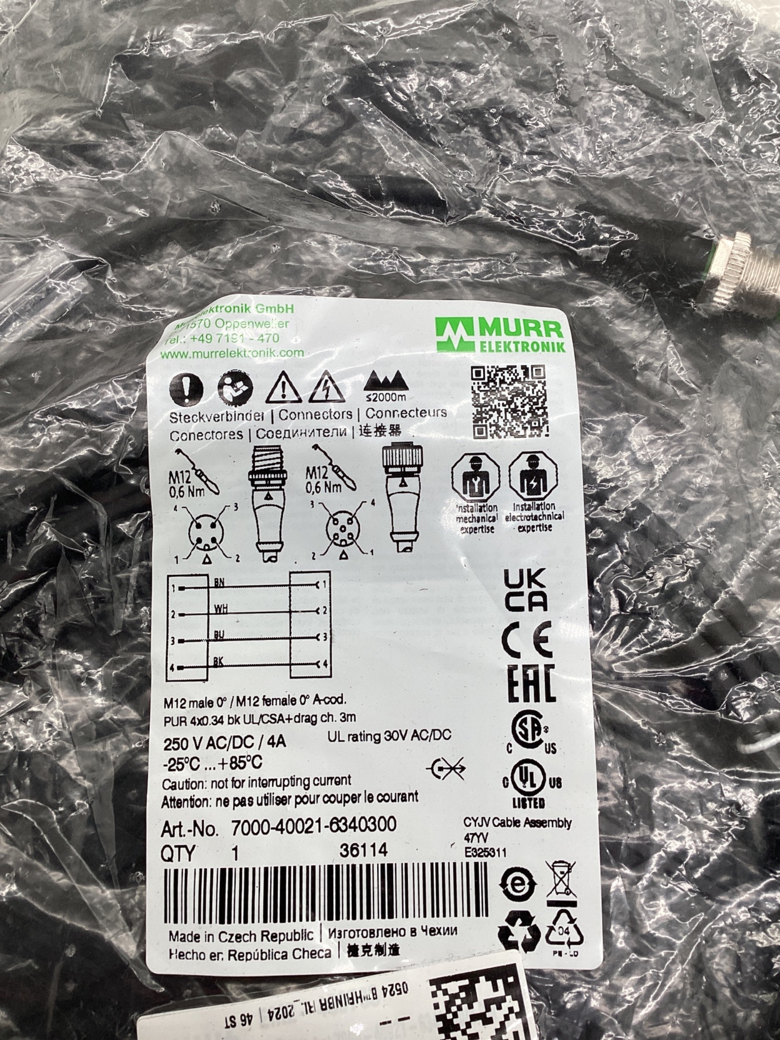 MURR ELEKTRONIK 7000-40021-6340300 M12 Sensor Actuator Cordset 3M NEW 1