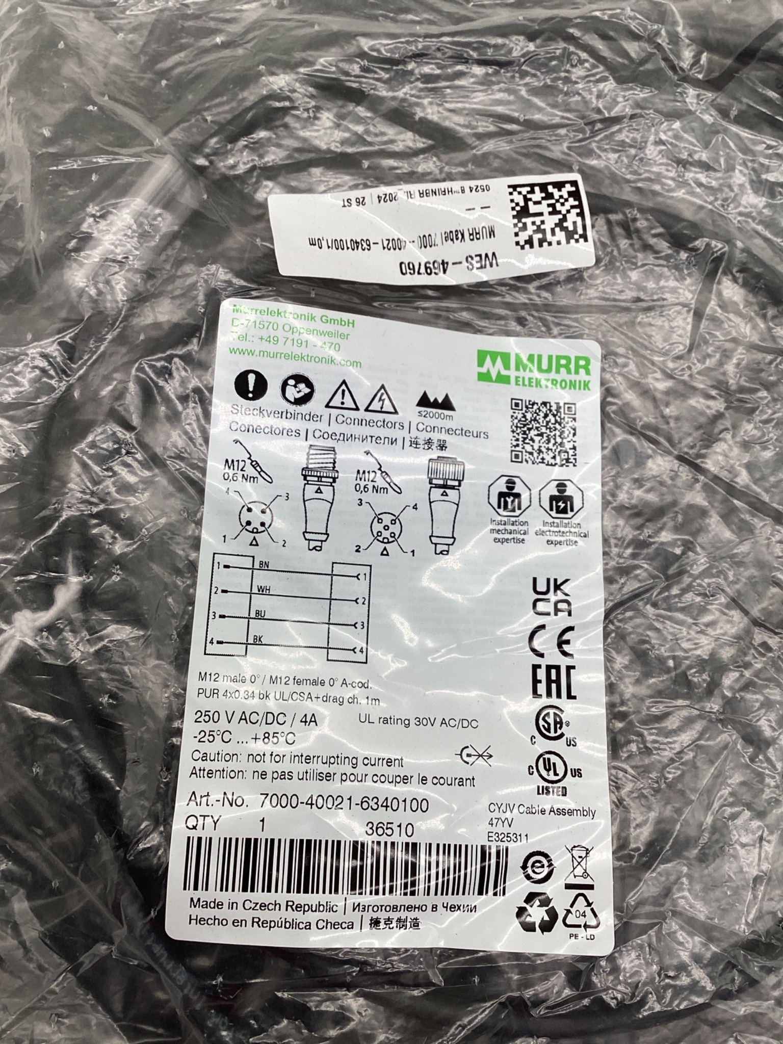 MURR ELEKTRONIK 7000-40021-6340100 M12 Sensor Actuator Cordset 1M NEW 1