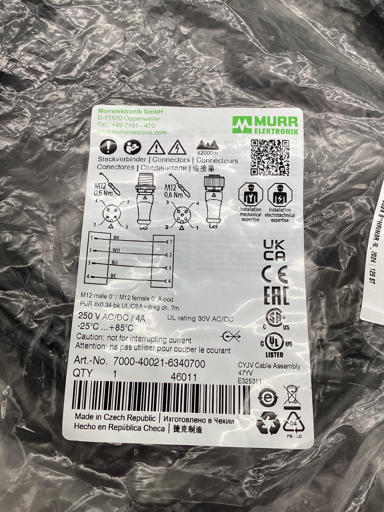 MURR ELEKTRONIK 7000-40021-6340700 M12 Sensor Actuator Cordset 7M NEW 1