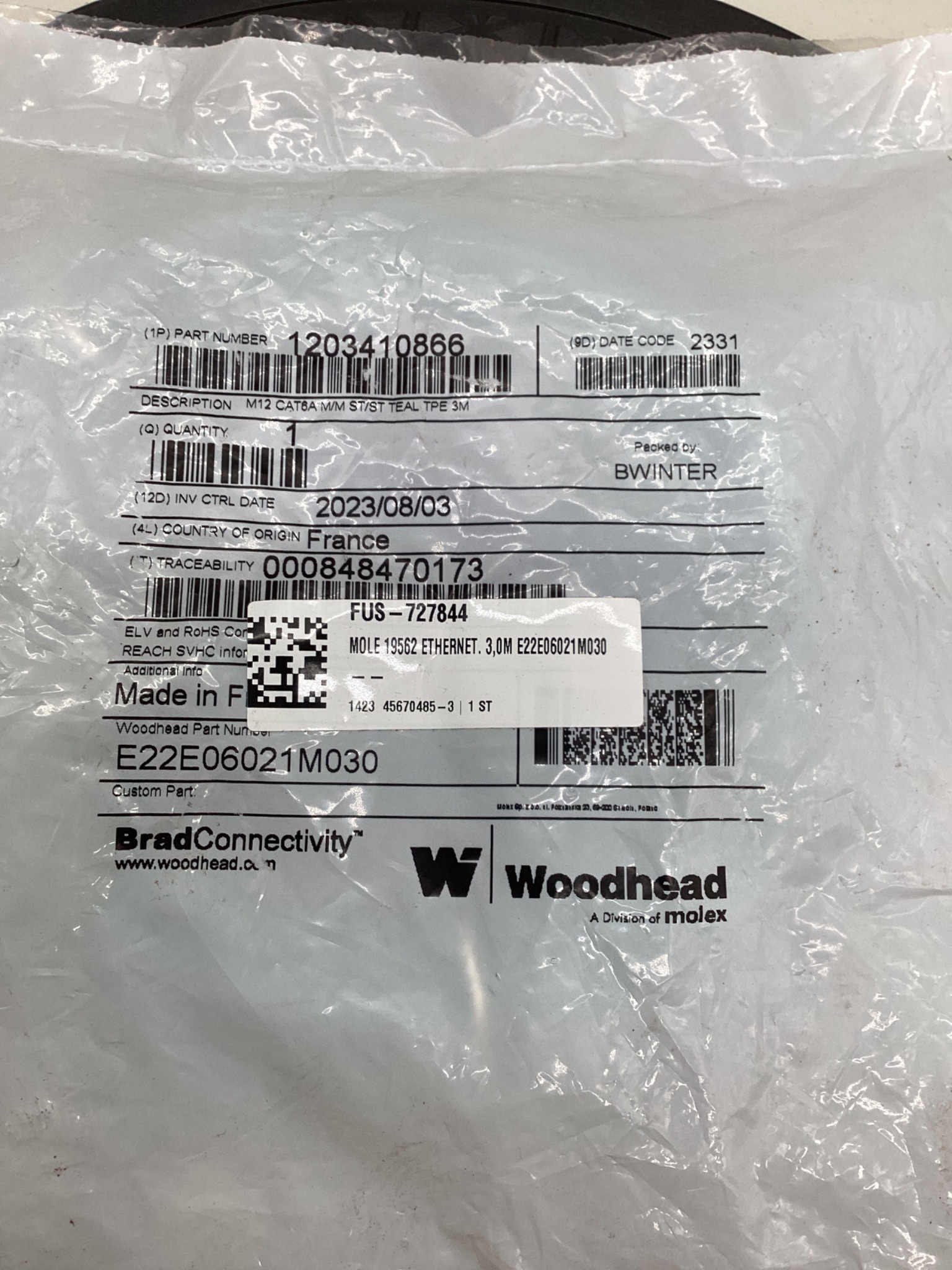 MOLEX / BRAD CONNECTIVITY 1203410866 M12 CAT6A Ethernet Cordset 3M NEW 1