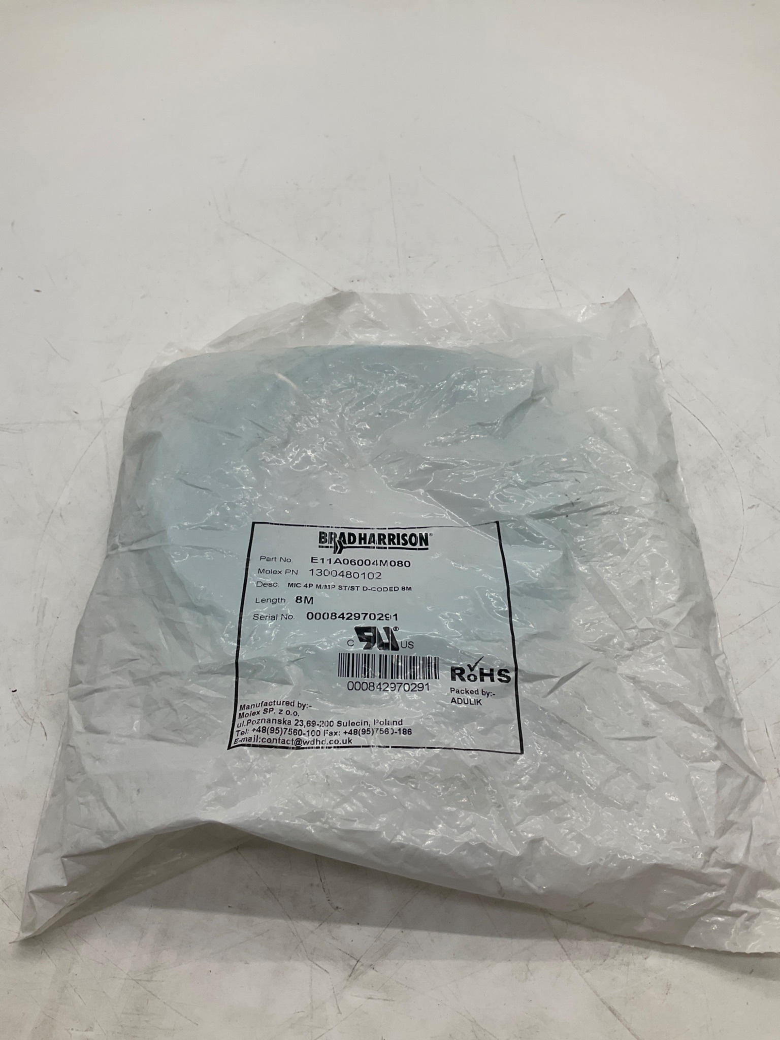 MOLEX / BRAD HARRISON 1300480102 M12 D-Coded Ethernet Cordset 8M NEW 0