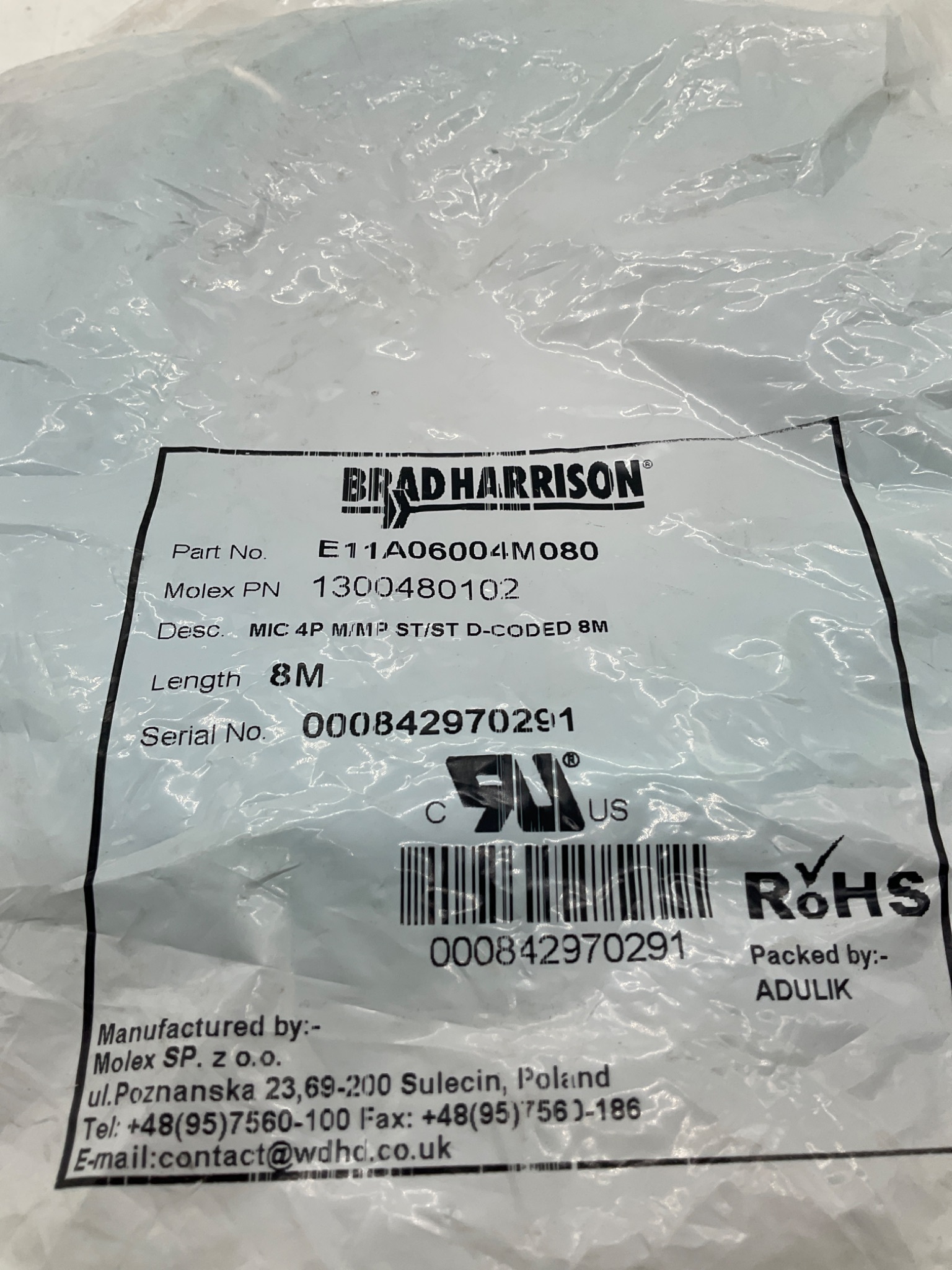 MOLEX / BRAD HARRISON 1300480102 M12 D-Coded Ethernet Cordset 8M NEW 1