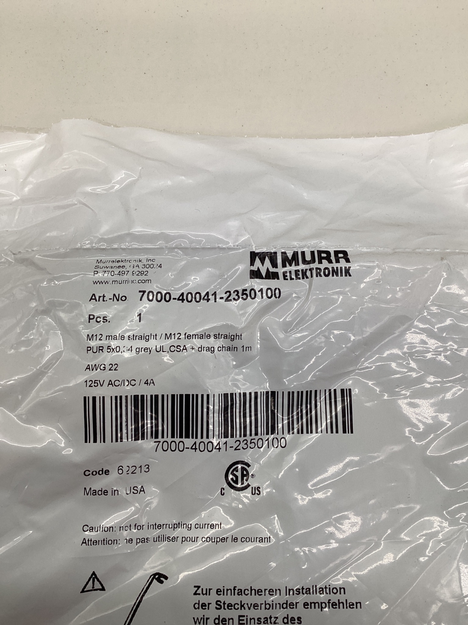 MURR ELEKTRONIK 7000-40041-2350100 M12 Sensor Actuator Cordset 1M NEW 1