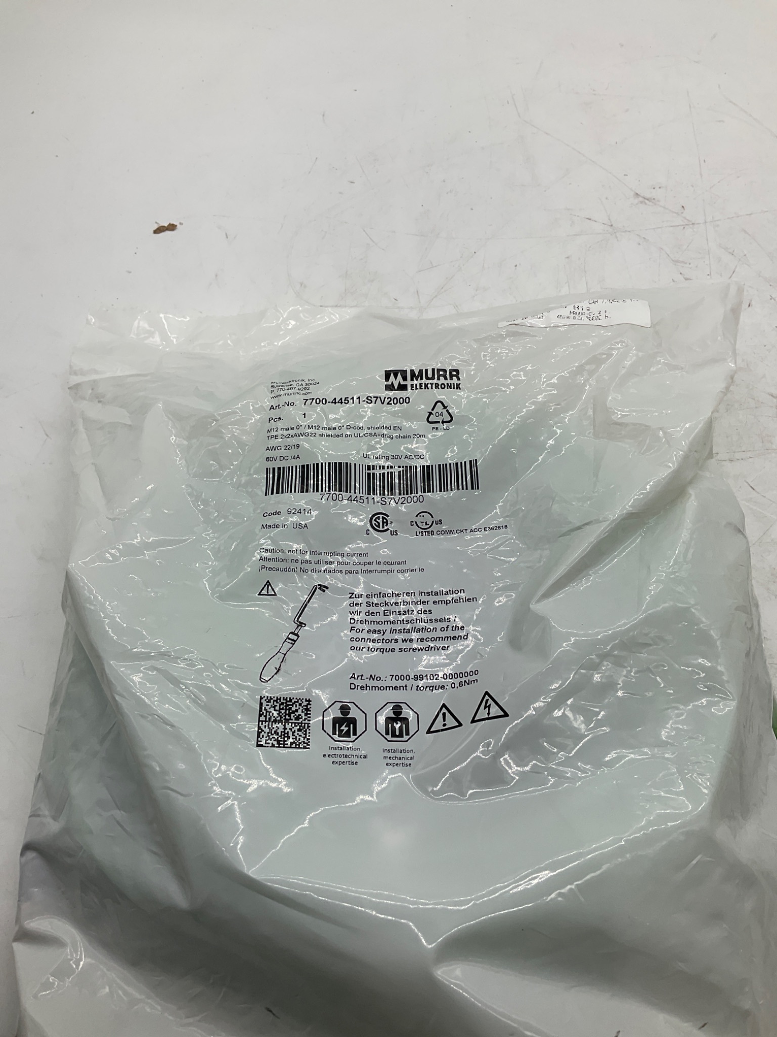 MURR ELEKTRONIK 7700-44511-S7V2000 M12 D-Coded Ethernet Cable 20M NEW 0