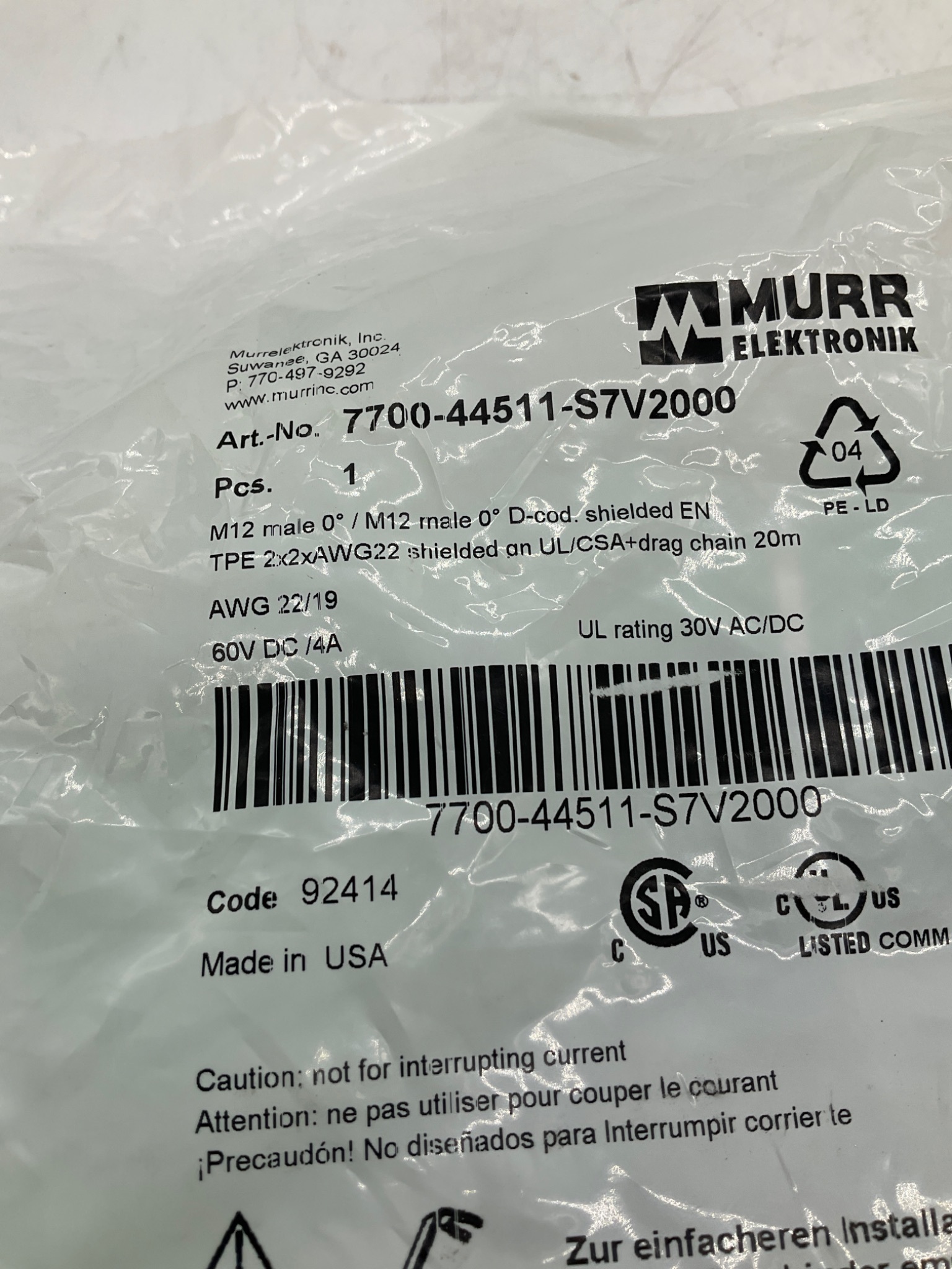 MURR ELEKTRONIK 7700-44511-S7V2000 M12 D-Coded Ethernet Cable 20M NEW 1