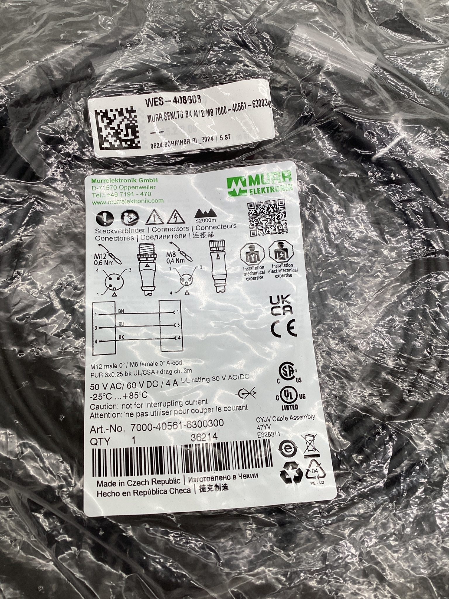 MURR ELEKTRONIK 7000-40561-6300300 M12 To M8 Cordset 3M NEW 1