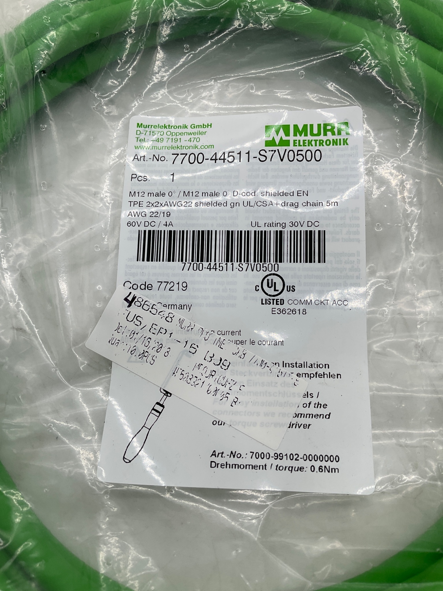 MURR ELEKTRONIK 7700-44511-S7V0500 M12 D-Coded Ethernet Cable 5M NEW 1