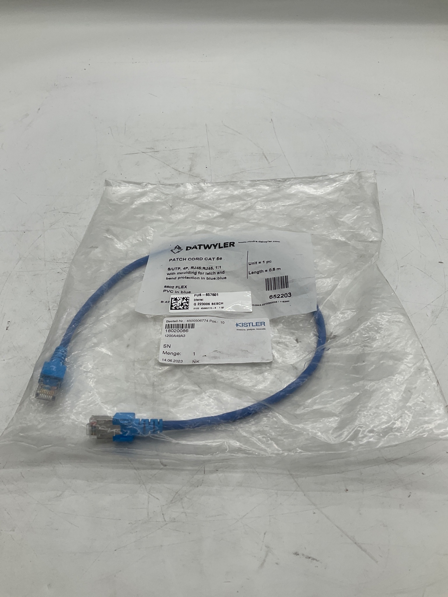 Kistler 1200A49A3 Cat 6e S/UTP RJ45 Ethernet Patch Cable 0.5m NEW 0