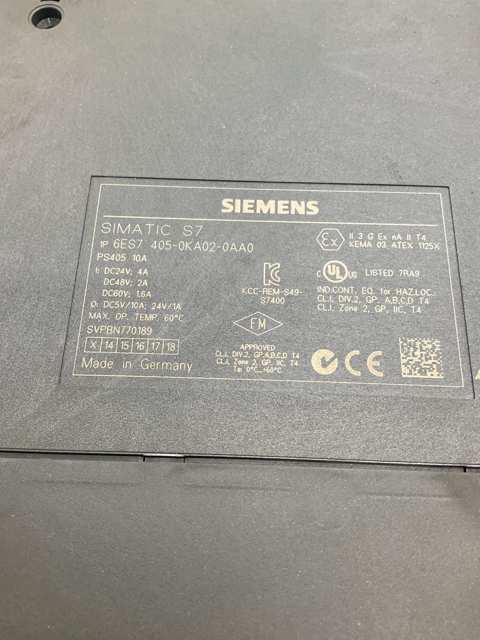 Siemens 6ES7 405-0KA02-0AA0 SIMATIC S7-400 PS405 10A Power Supply Module USED 3