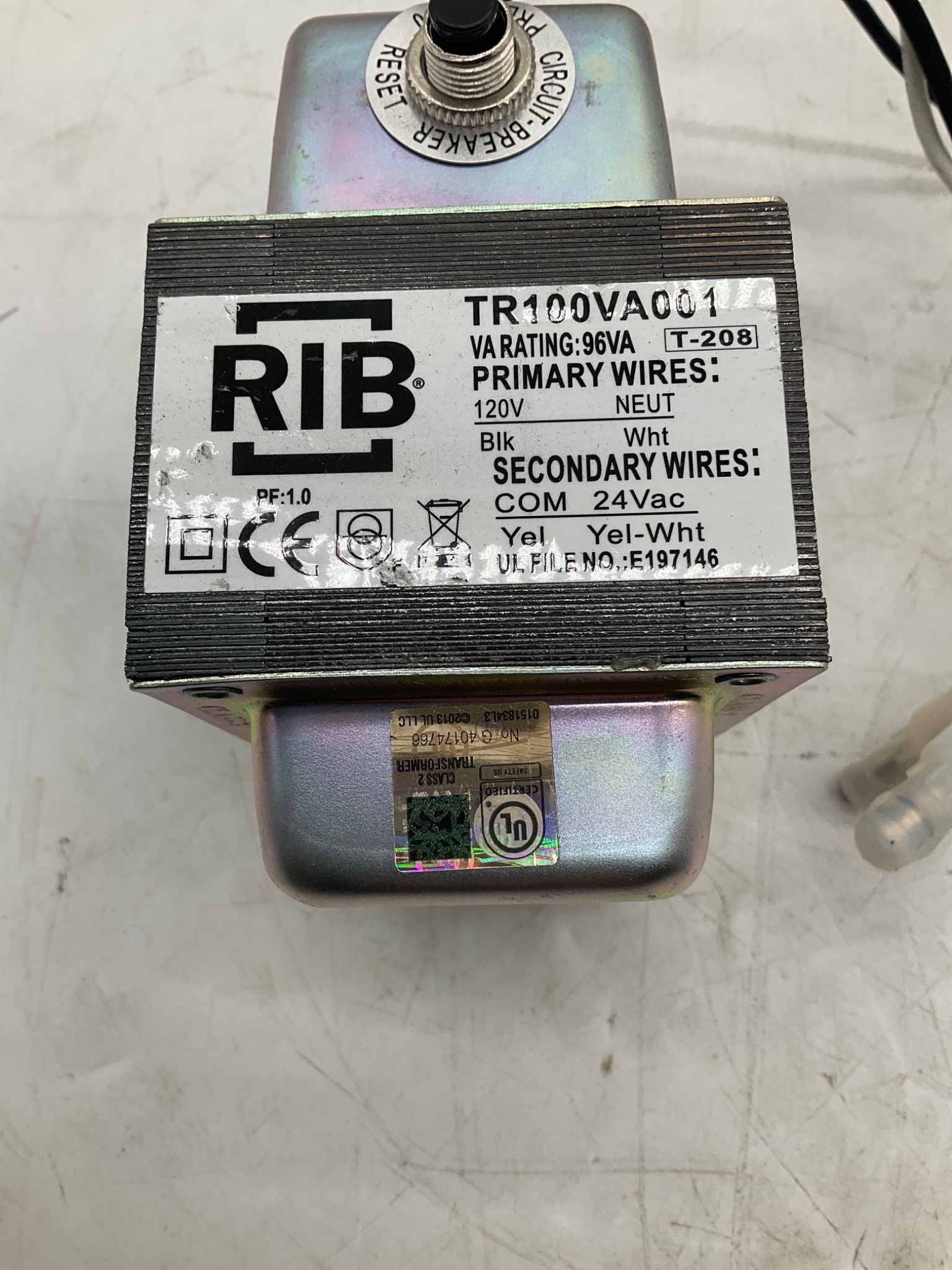 RIB TR100VA001 96VA 120V To 24VAC Control Transformer With Circuit Breaker USED 2