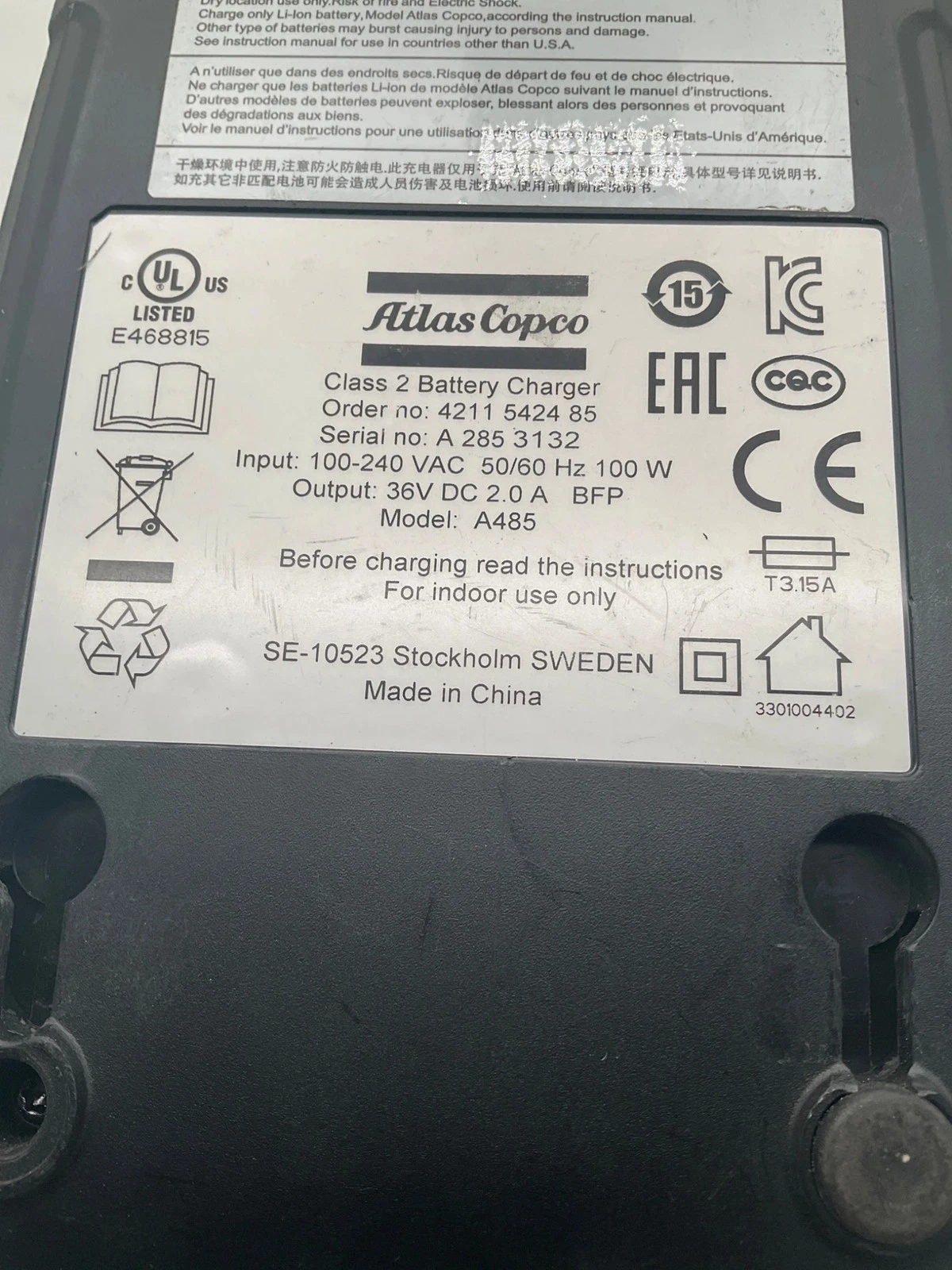 ATLAS COPCO A485 4211 5424 85 Class 2 Battery Charger USED - Image 5