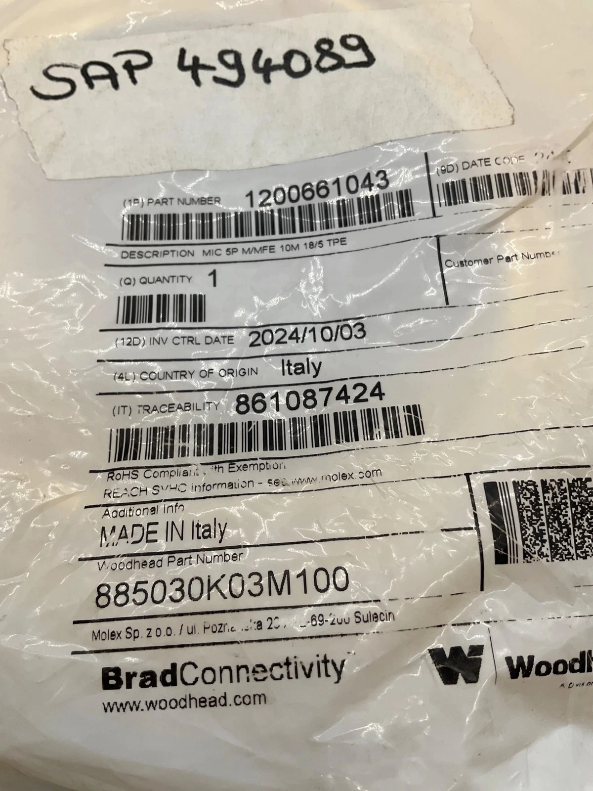 BRAD CONNECTIVITY 1200661043 Micro-Change Cordset 5-Pole 10M (LOT OF 2) NEW - Image 2
