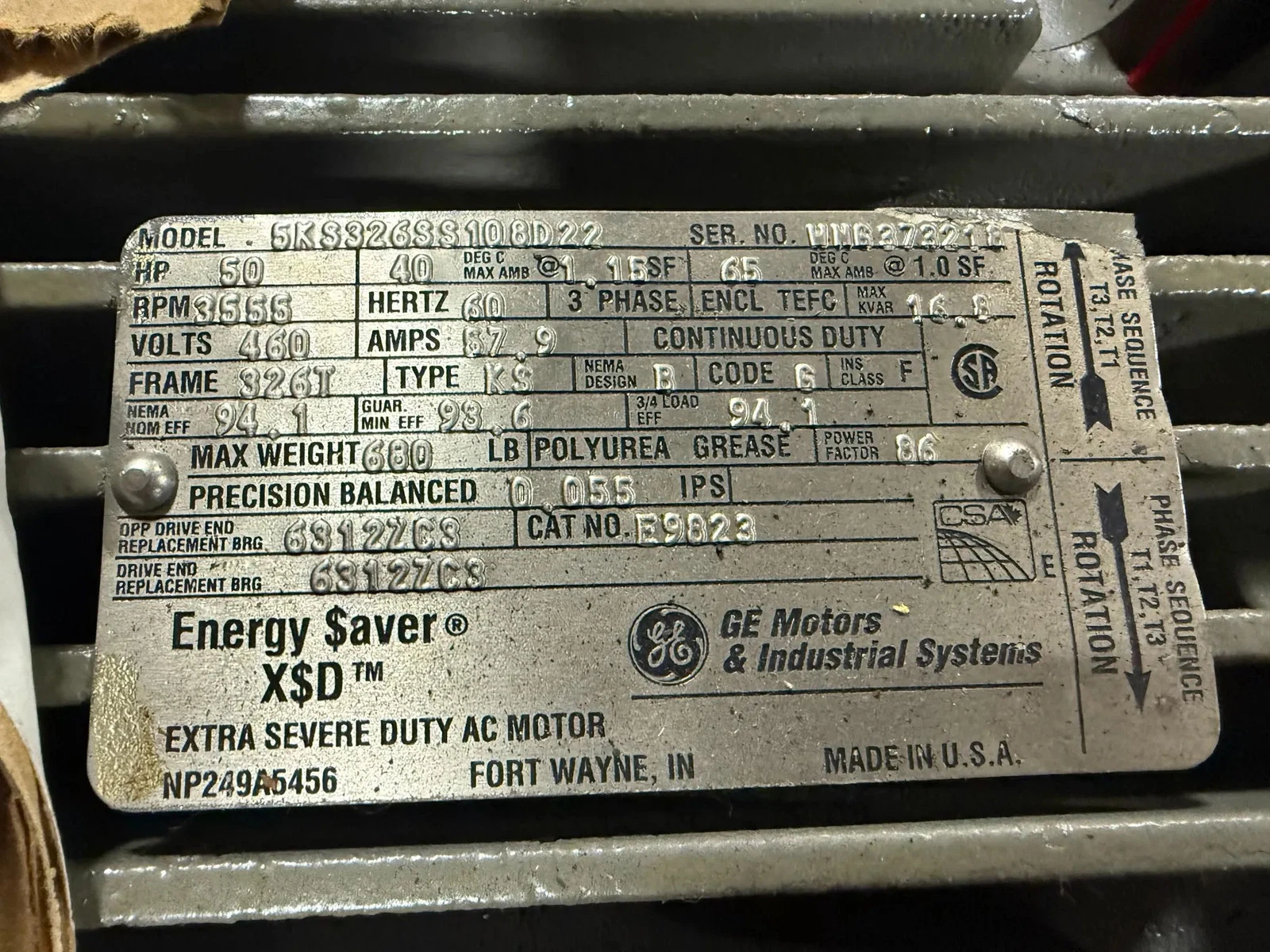 GENERAL ELECTRIC 5KS326SS108D22 Extra Severe Duty AC Motor 50 HP USED - Image 5