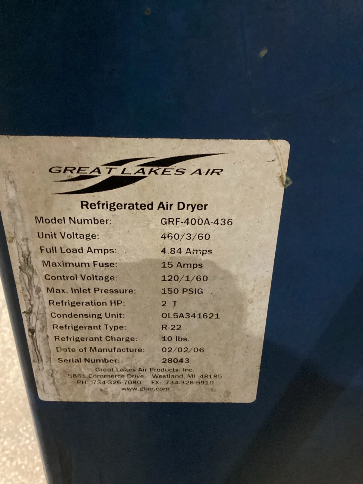 Great Lakes Air GRF-400A-436 Refrigerated Compressed Air Dryer 460V USED - Image 4