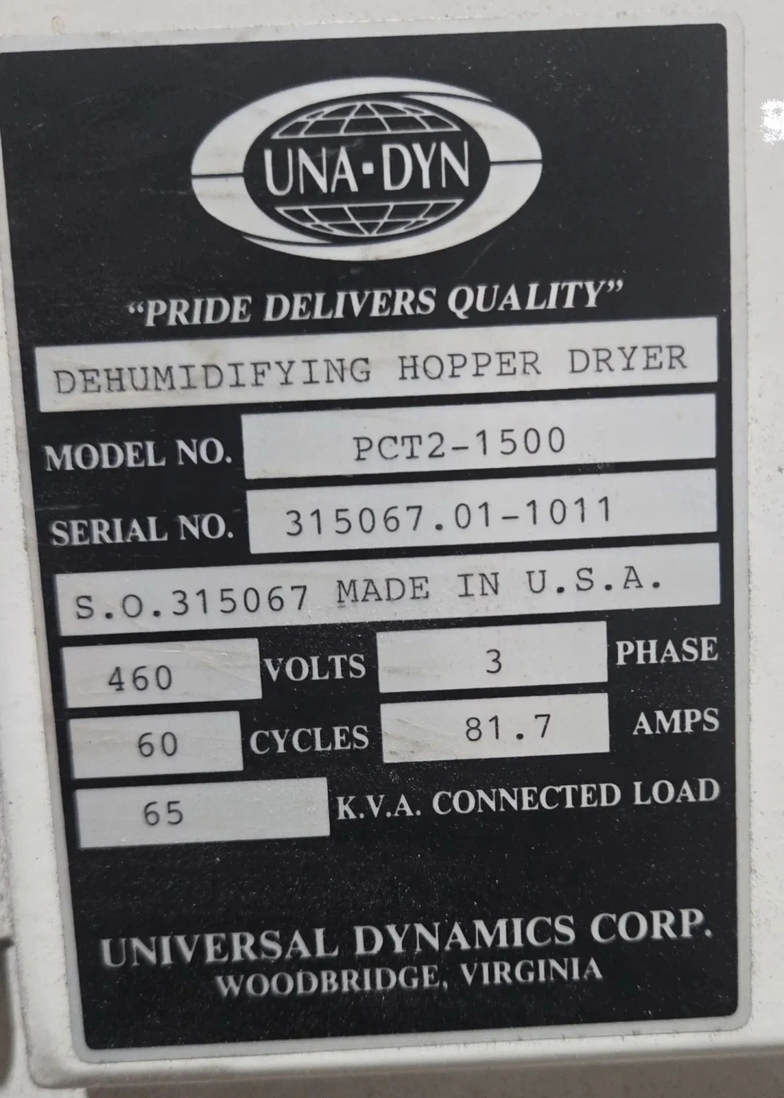 UNA-DYN PCT2-1500 Dehumidifying Hopper Dryer USED - Image 7