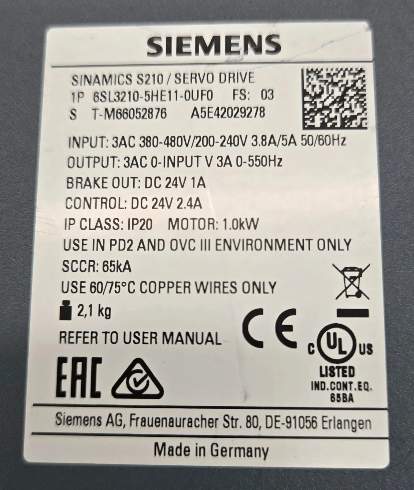 SIEMENS 6SL3210-5HE11-0UF0 FS:3 SINAMICS S210 SERVO DRIVE - USED - Image 5
