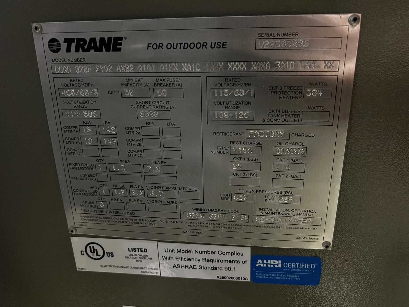 TRANE CGAM020F2Y02AXB2A1A1A1HXXA1C1AXXXXAXA3A1D1XXLXX Air Cooled Scroll Chiller USED - Image 7