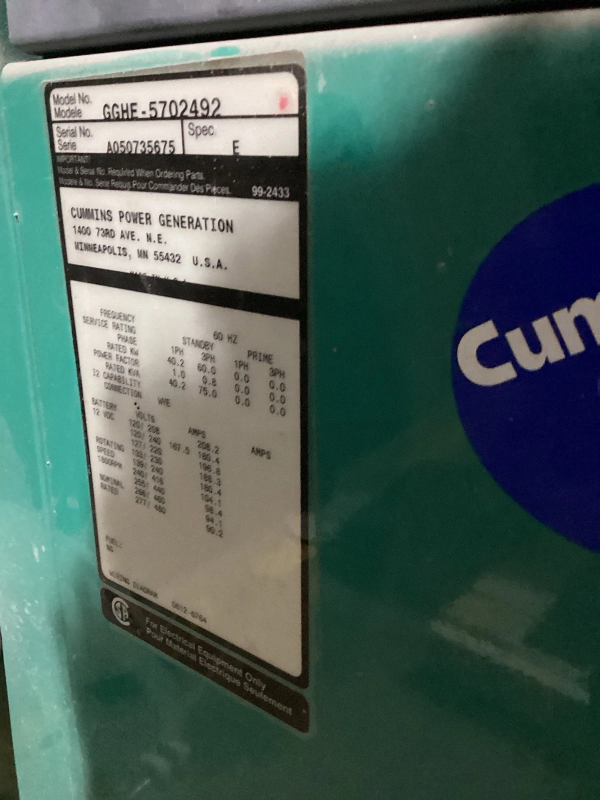 CUMMINS GGHE-5702492 60kW 75kVA Generator USED - Image 5