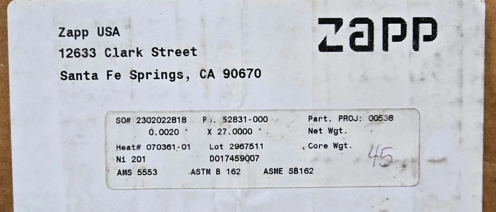 Zapp NI 201 Nickel Sheet Roll 0.002" x 27" AMS 5553 - NEW - Image 4