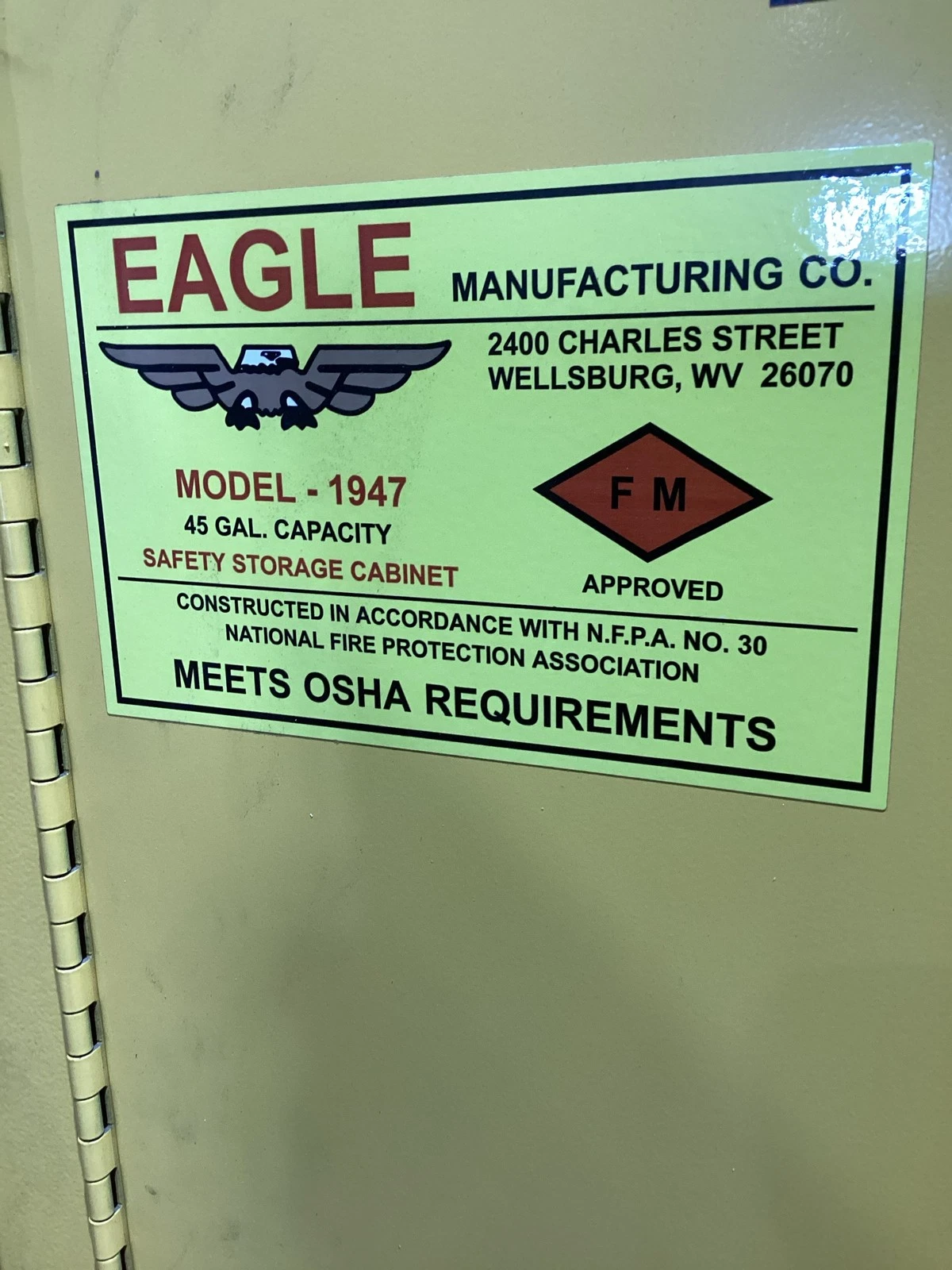Eagle 1947 45 Gallon Flammable Safety Storage Cabinet USED - Image 3