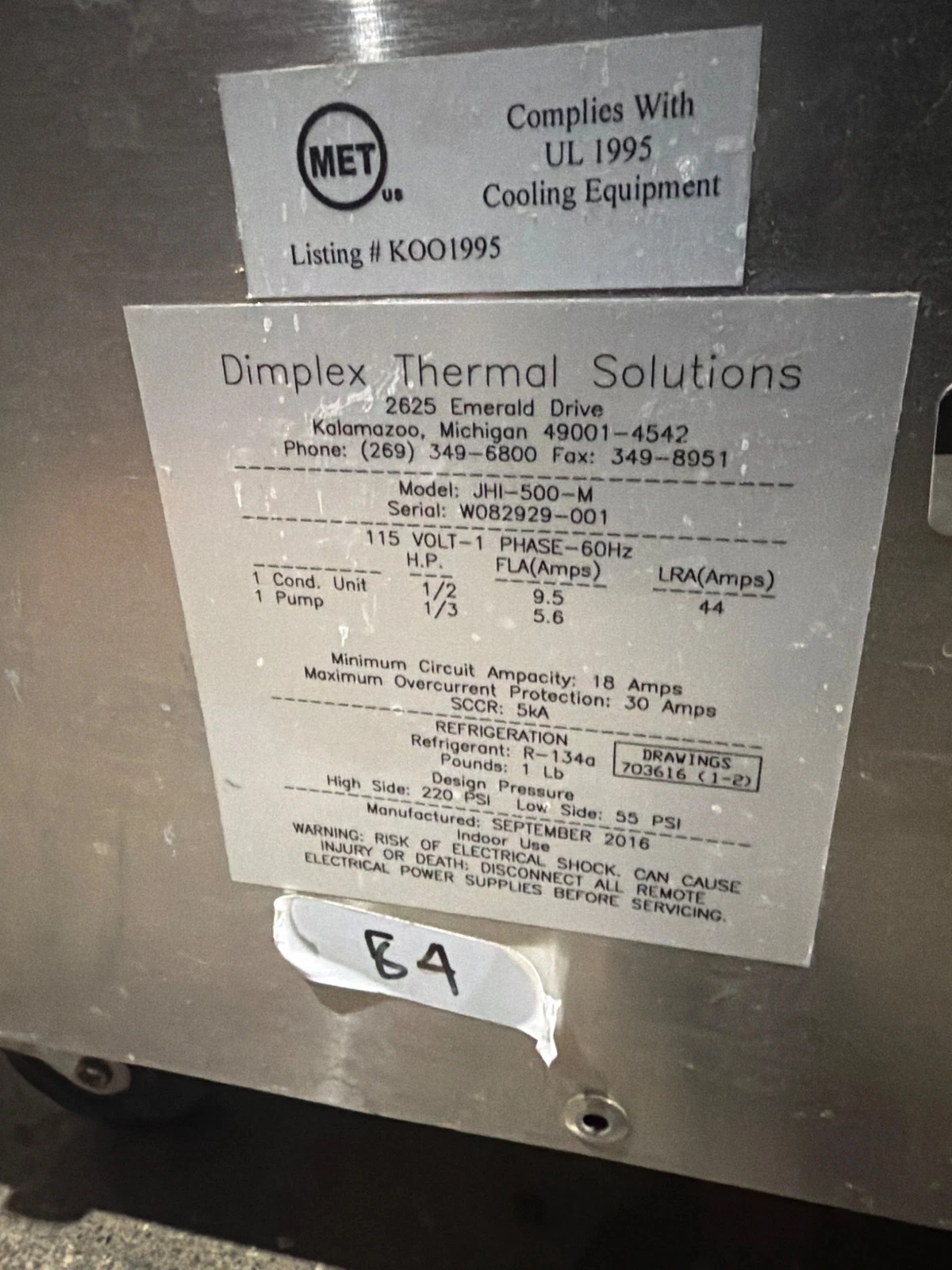 DIMPLEX THERMAL SOLUTIONS JHI-500-M Water Chiller USED - Image 4