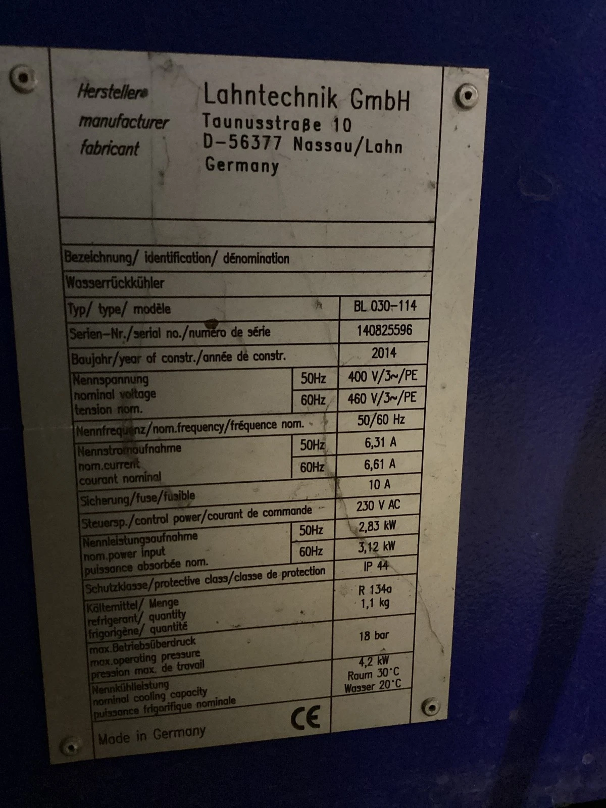 Lahntechnik BL 030-114 4.2kW Water Recooler 400/460V USED - Image 5